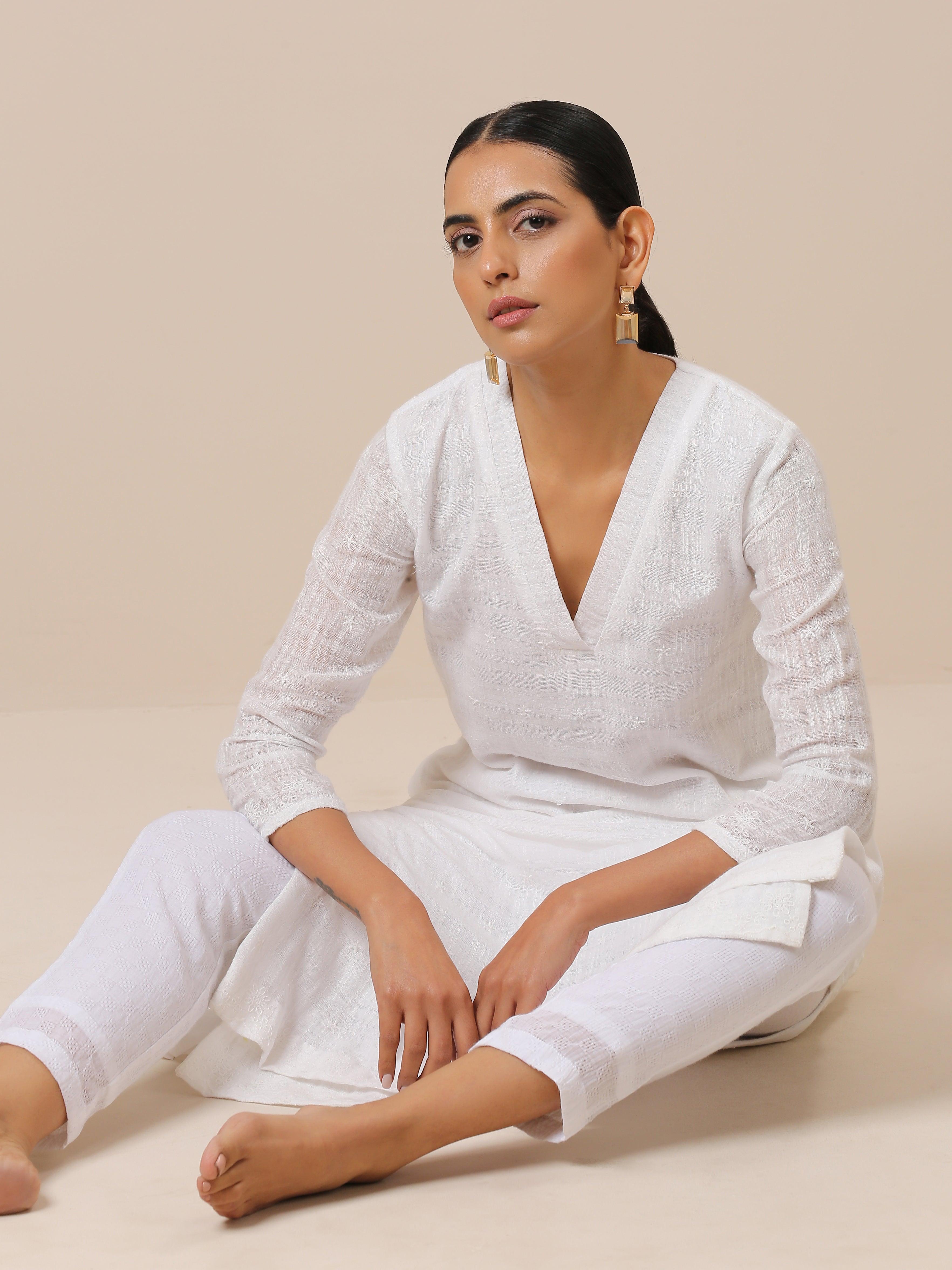 Cotton White Double Hem Embroidered Kurta Pant Set - trueBrowns