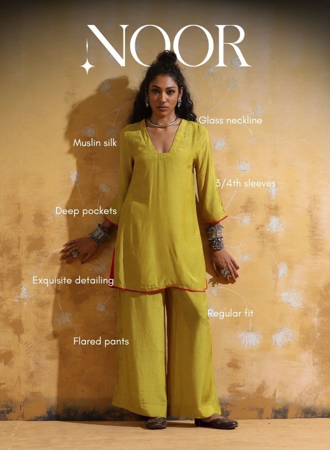 trueBrowns Lime Muslin Silk Co-ord Set with Flared Pants