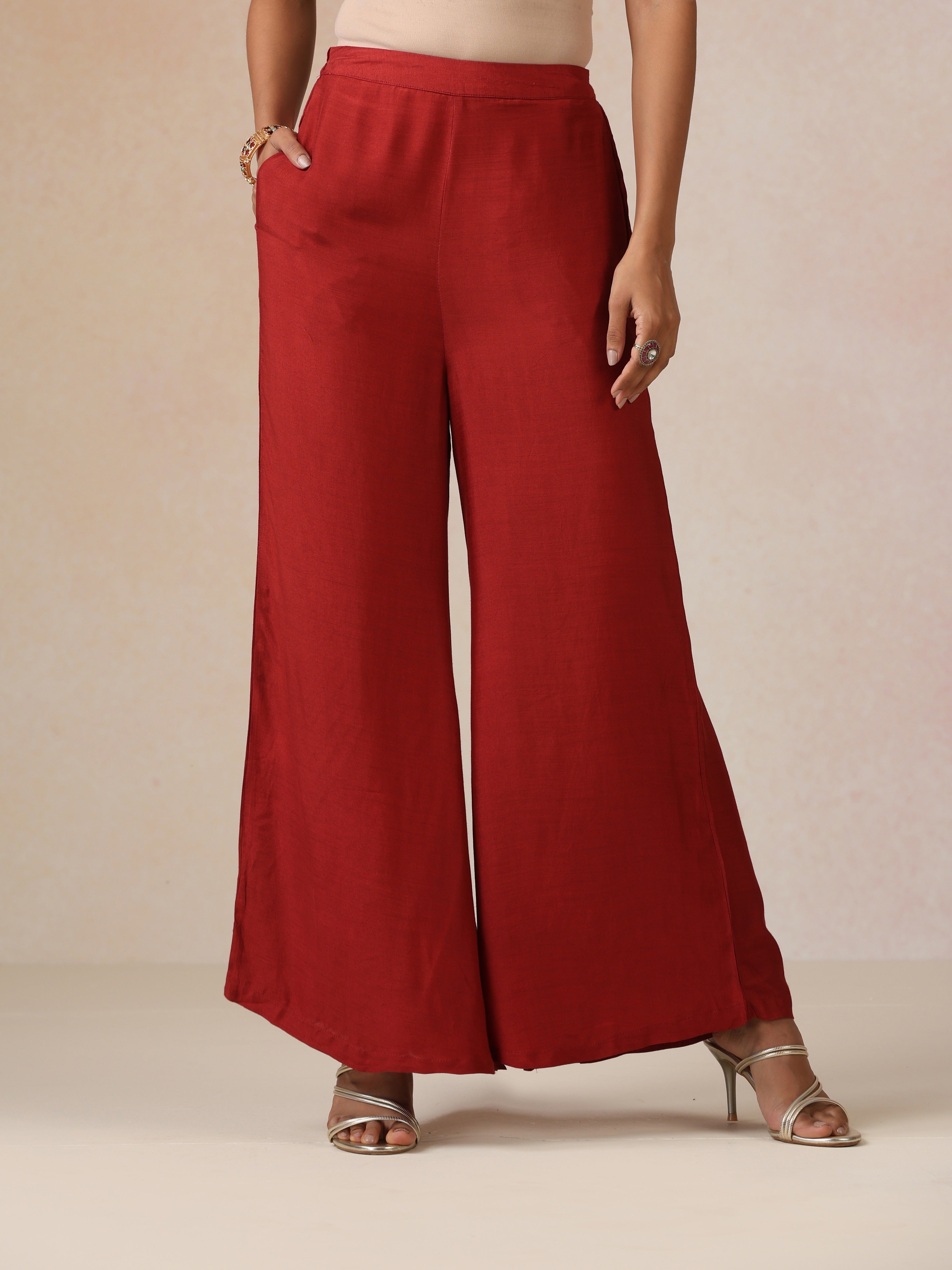 trueBrowns Red Gold Foil Print Jacket and Flared Pants Co-ord Set