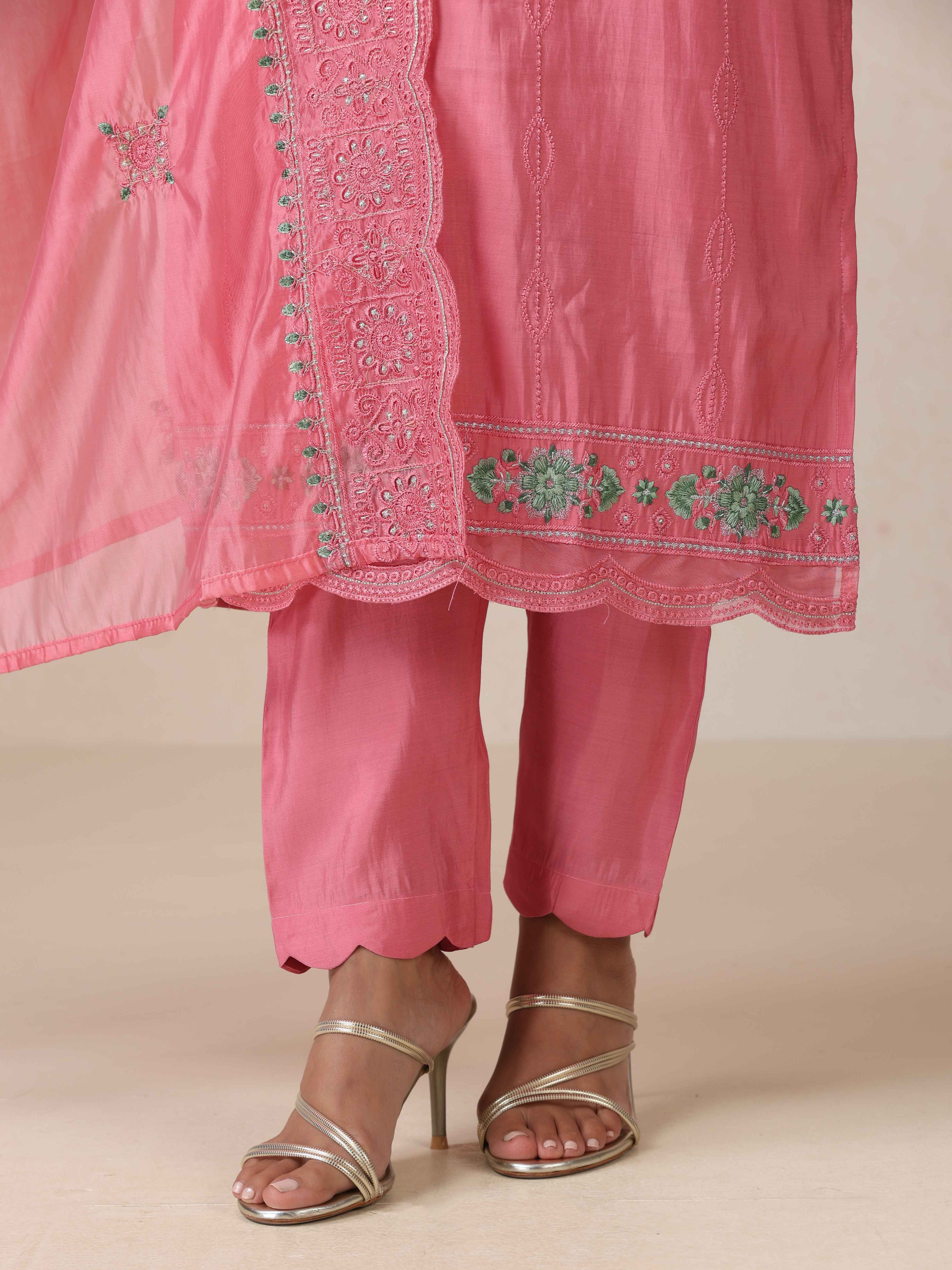 trueBrowns Pink Embroidered Kurta Pant Dupatta Set