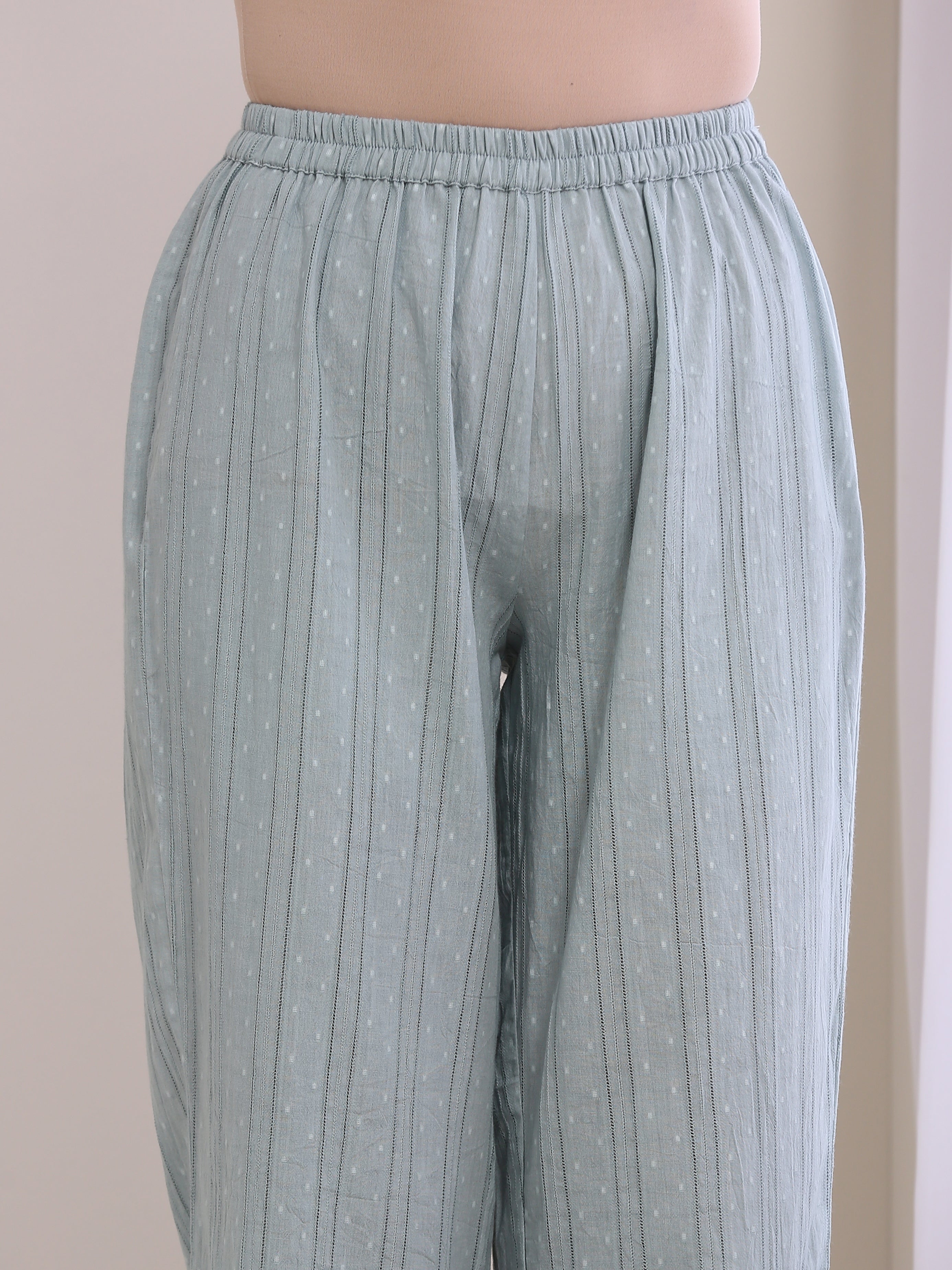 Eggshell Blue Dobby Neck Pleat Kurta Pant Set