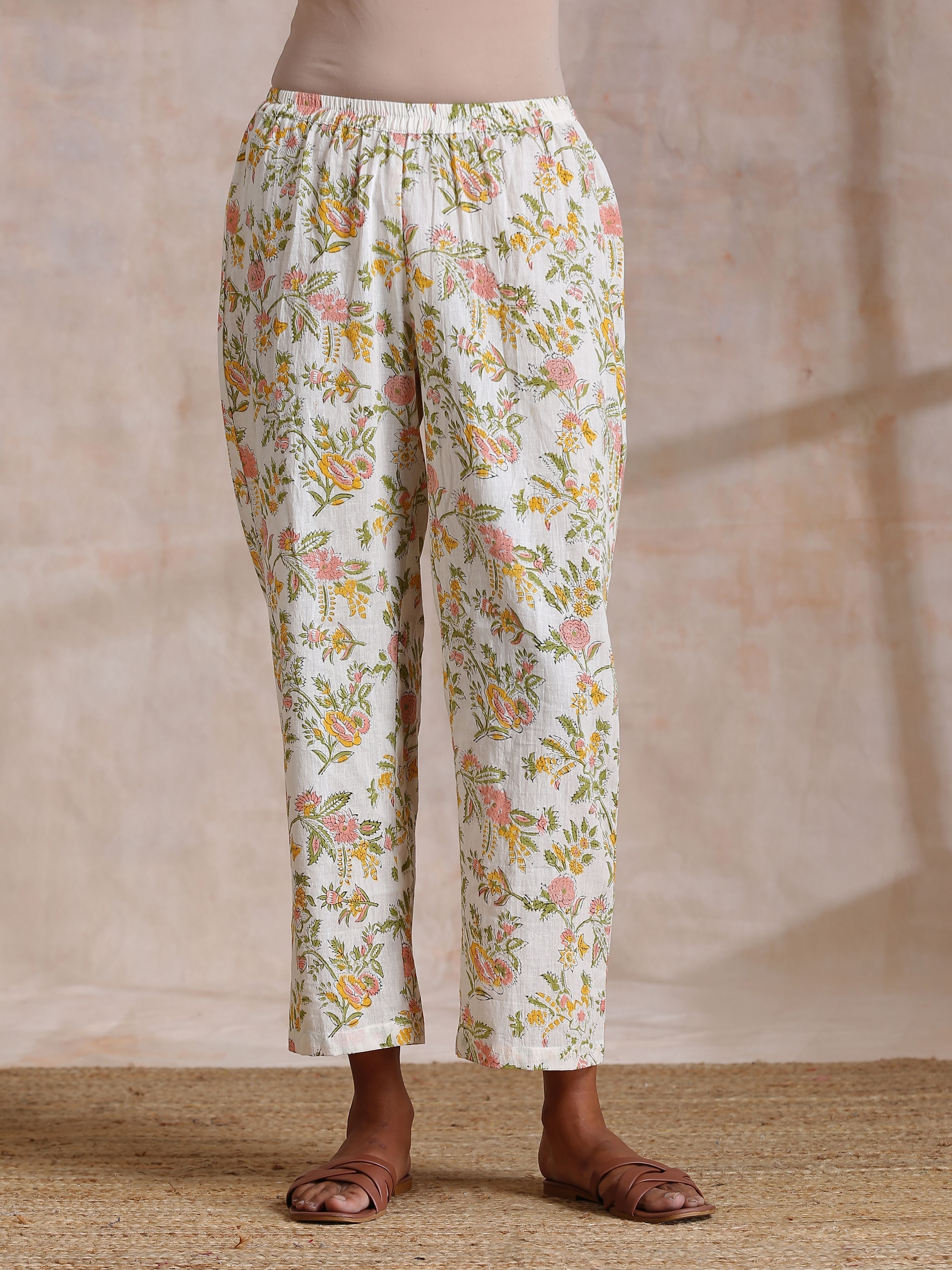 Pink Yellow Floral On White Block Print Cotton Panel Kaftan Kurta Pant Set