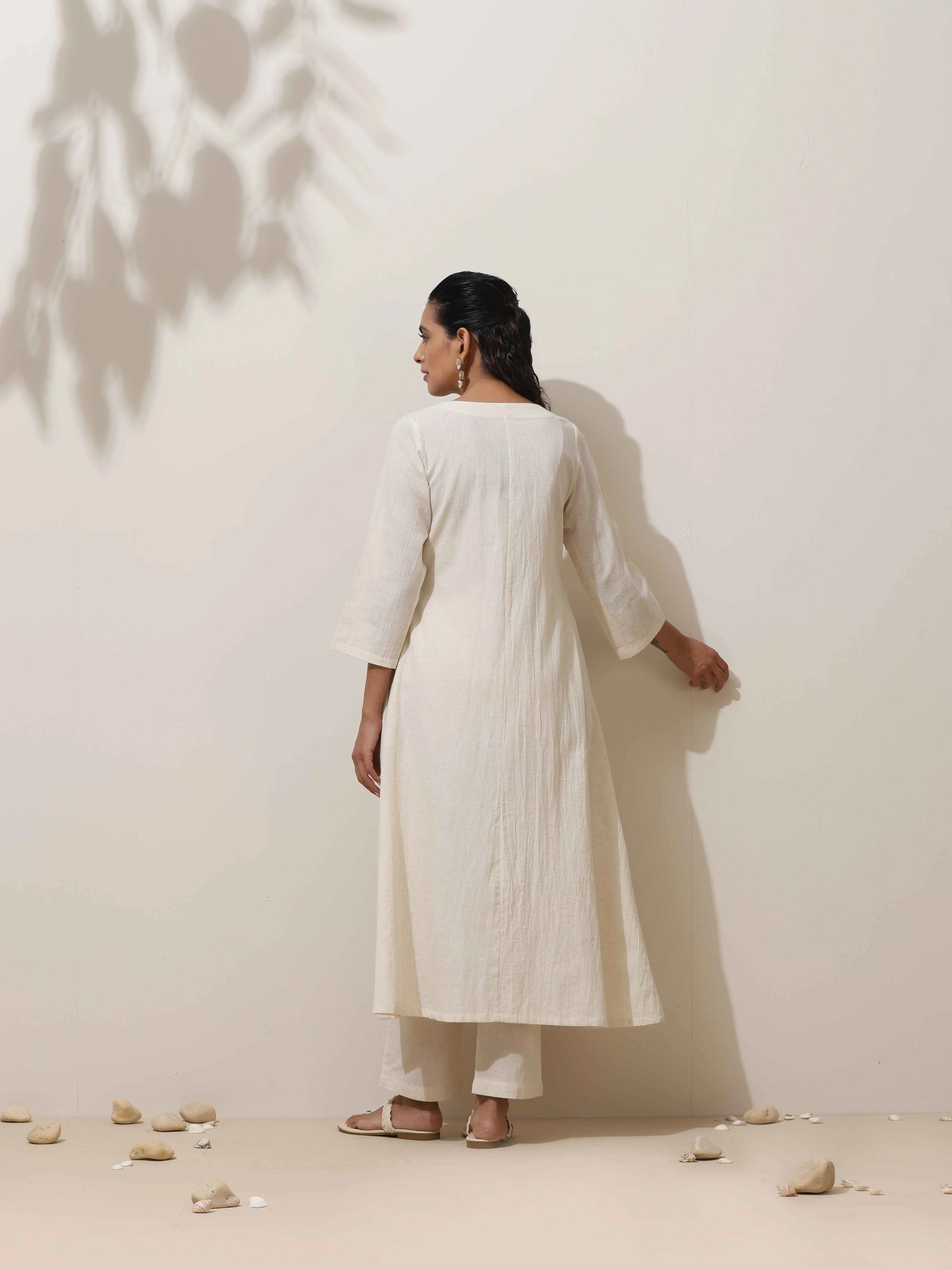 trueBrowns Off White Cotton Linen Angrakha Kurta Pant Set