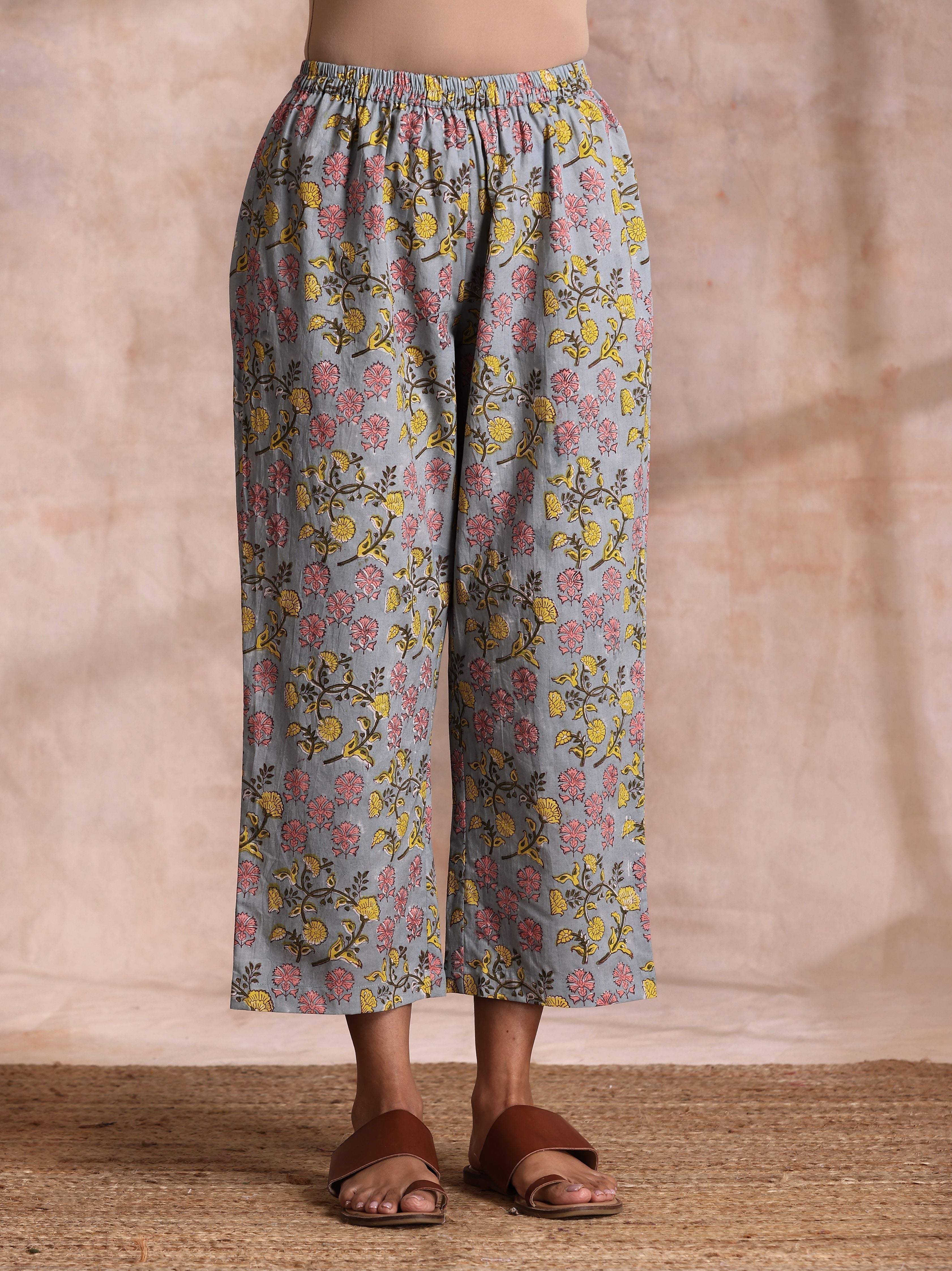 Grey Overall Floral Block Print Cotton Sleeveless Flared Kurta Pant Set