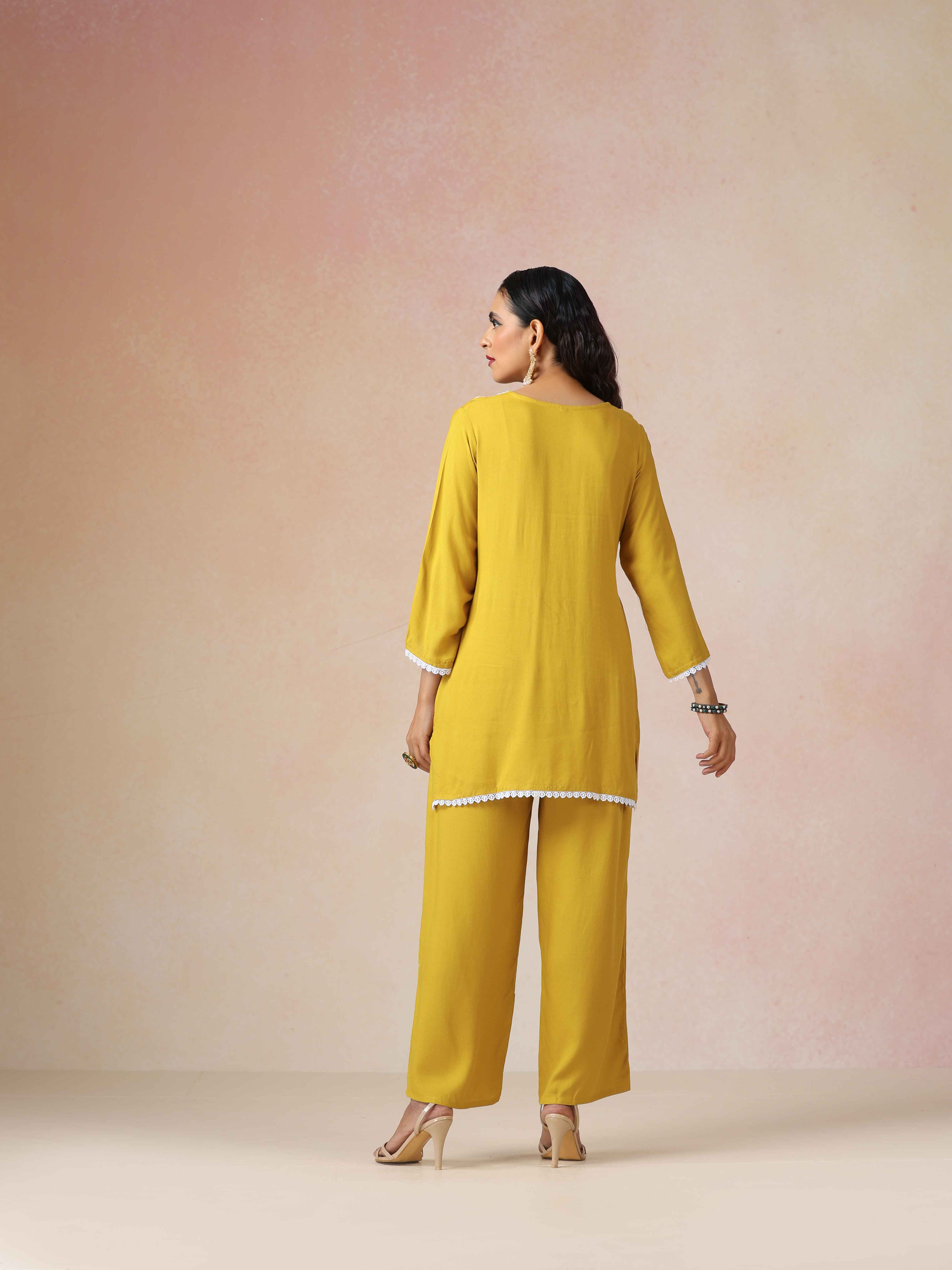 trueBrowns Yellow Embroidered Straight Kurta Co-Ord Set