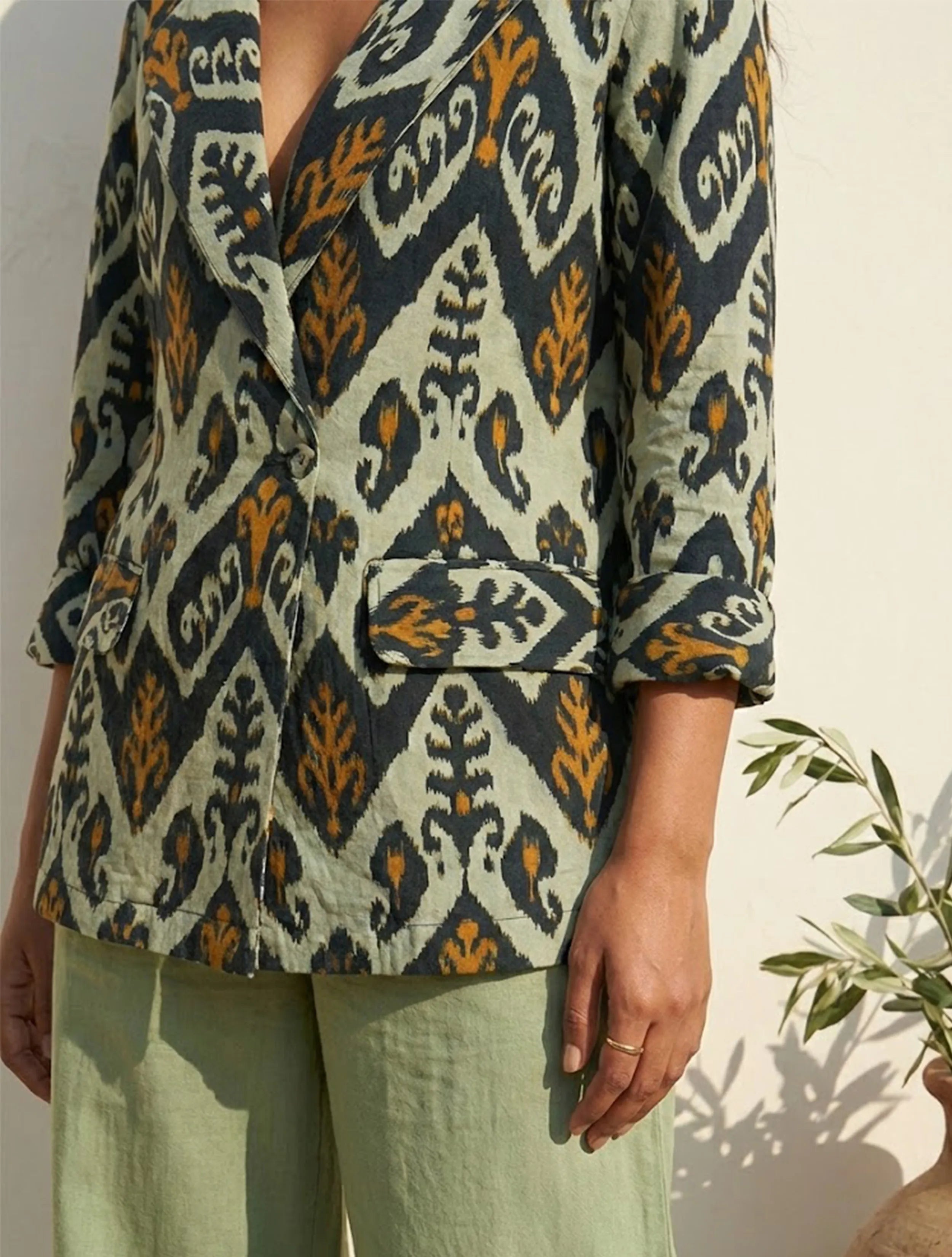 trueBrowns Mint Green Ikat Print Cotton Poplin Blazer Co-Ord Set