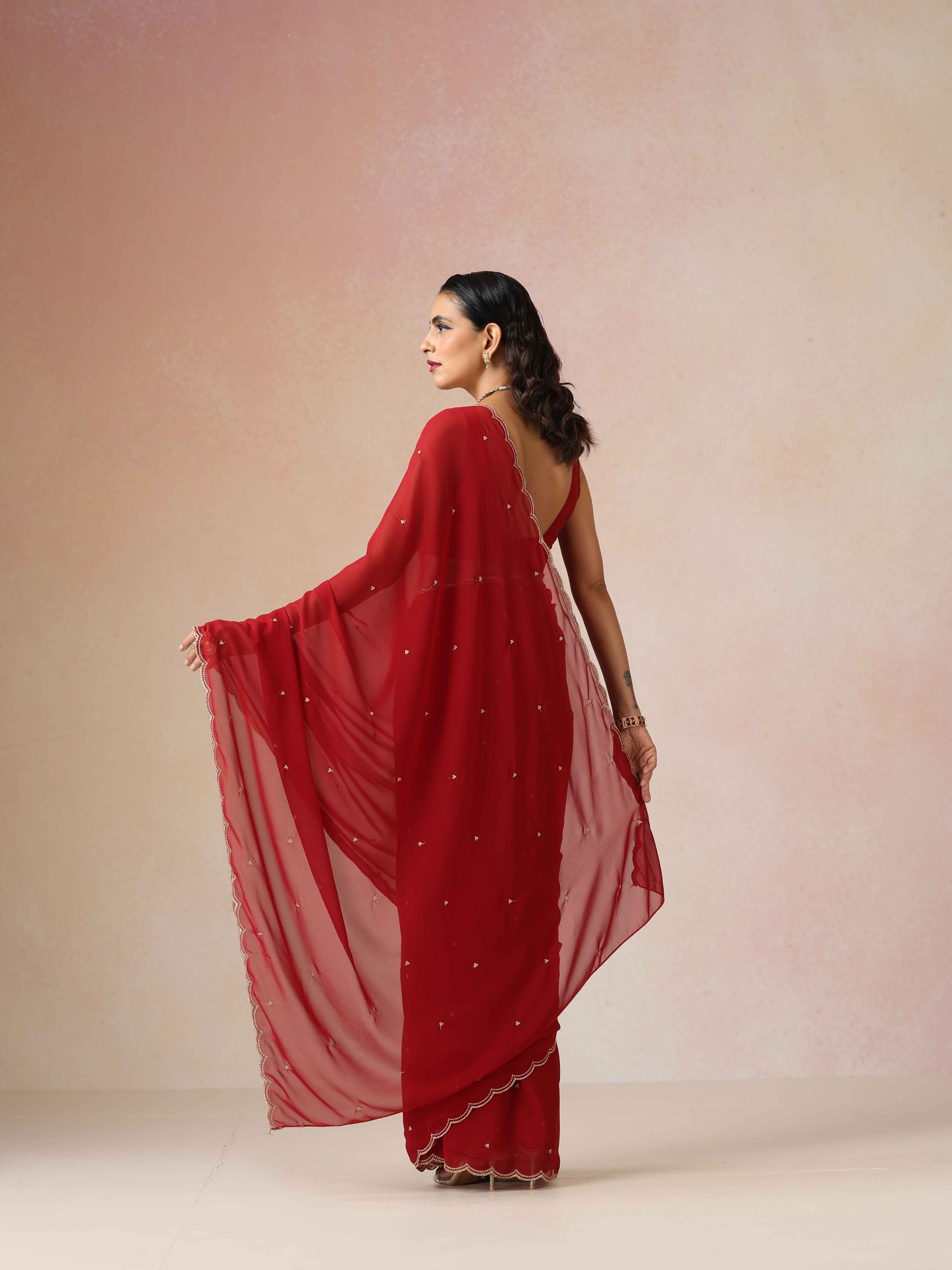 trueBrowns Maroon Georgette Embroidered Saree With unstitched Blouse