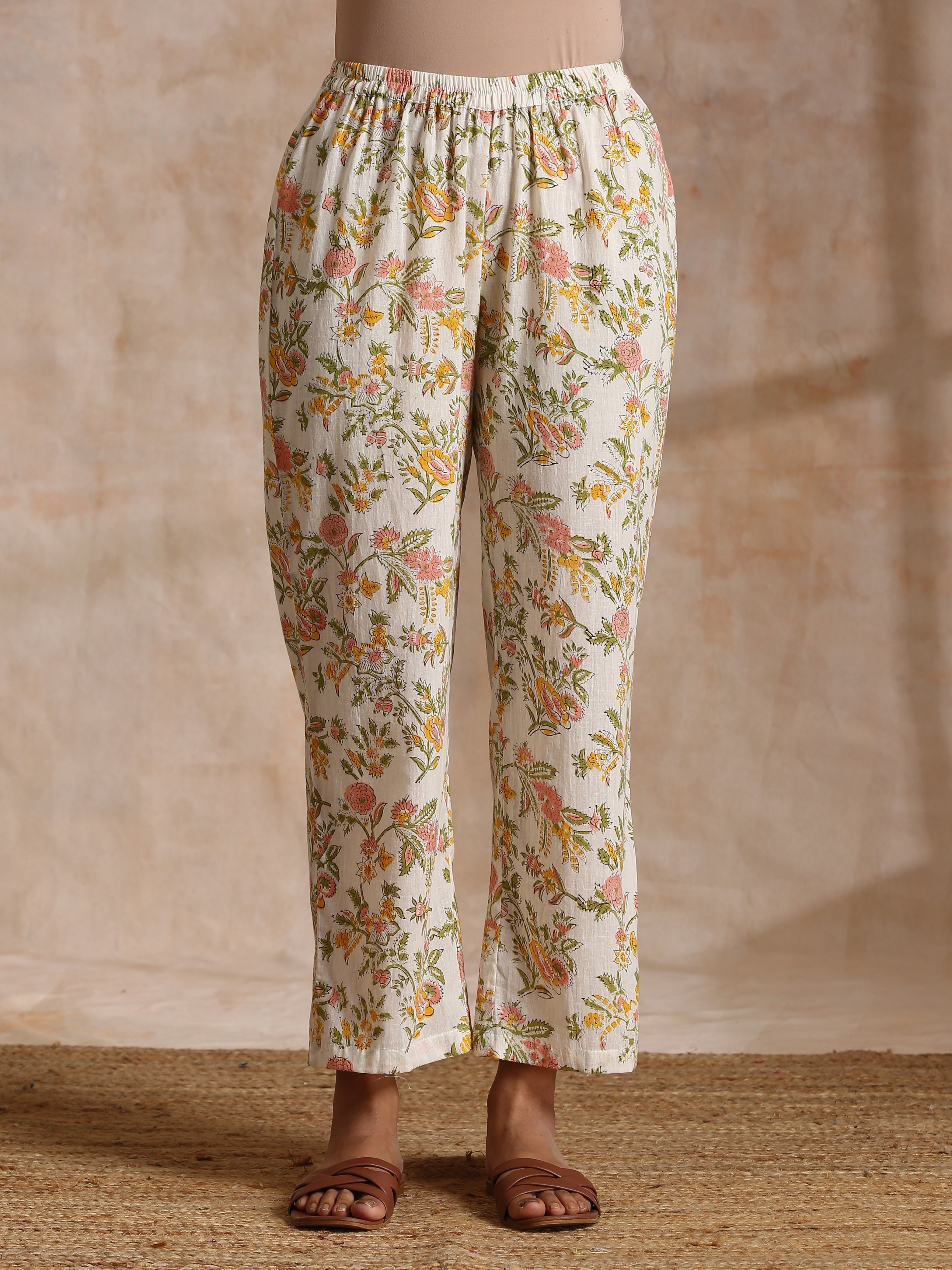 White Multi Color Overall Block Print Cotton Kurta Pant Set