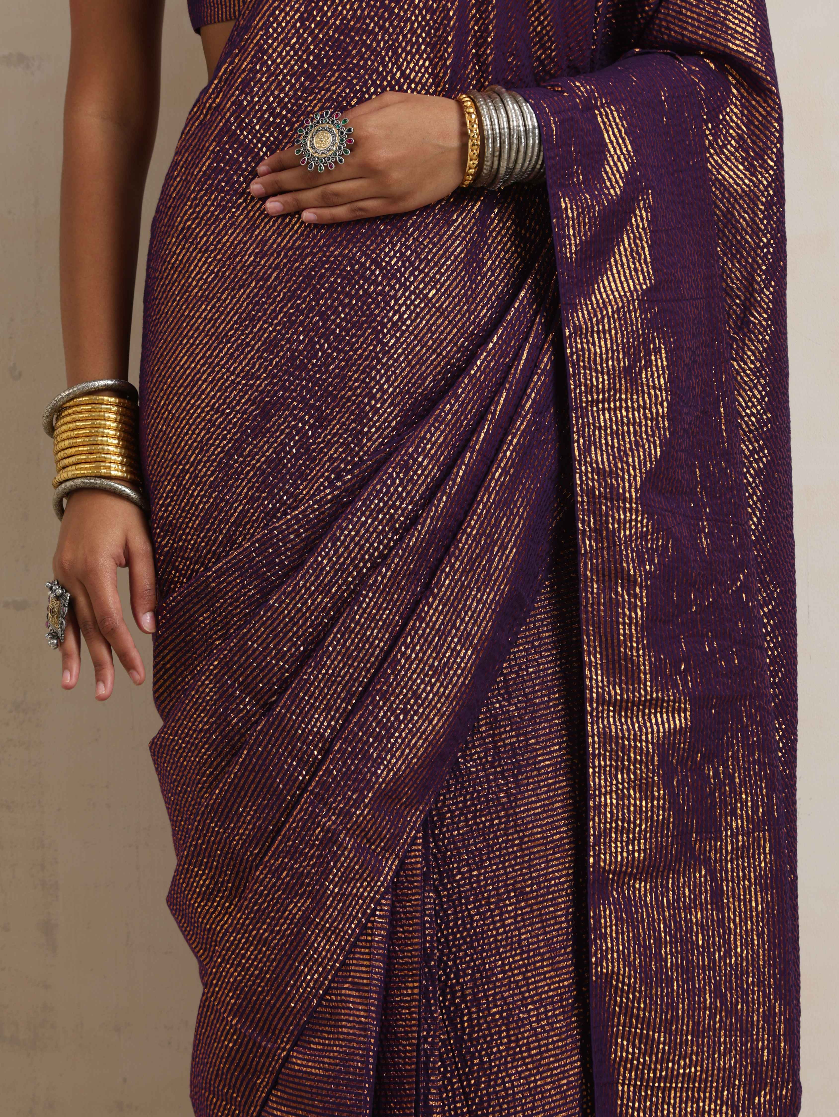 trueBrowns Purple Gold Lurex Ready To Wear Saree