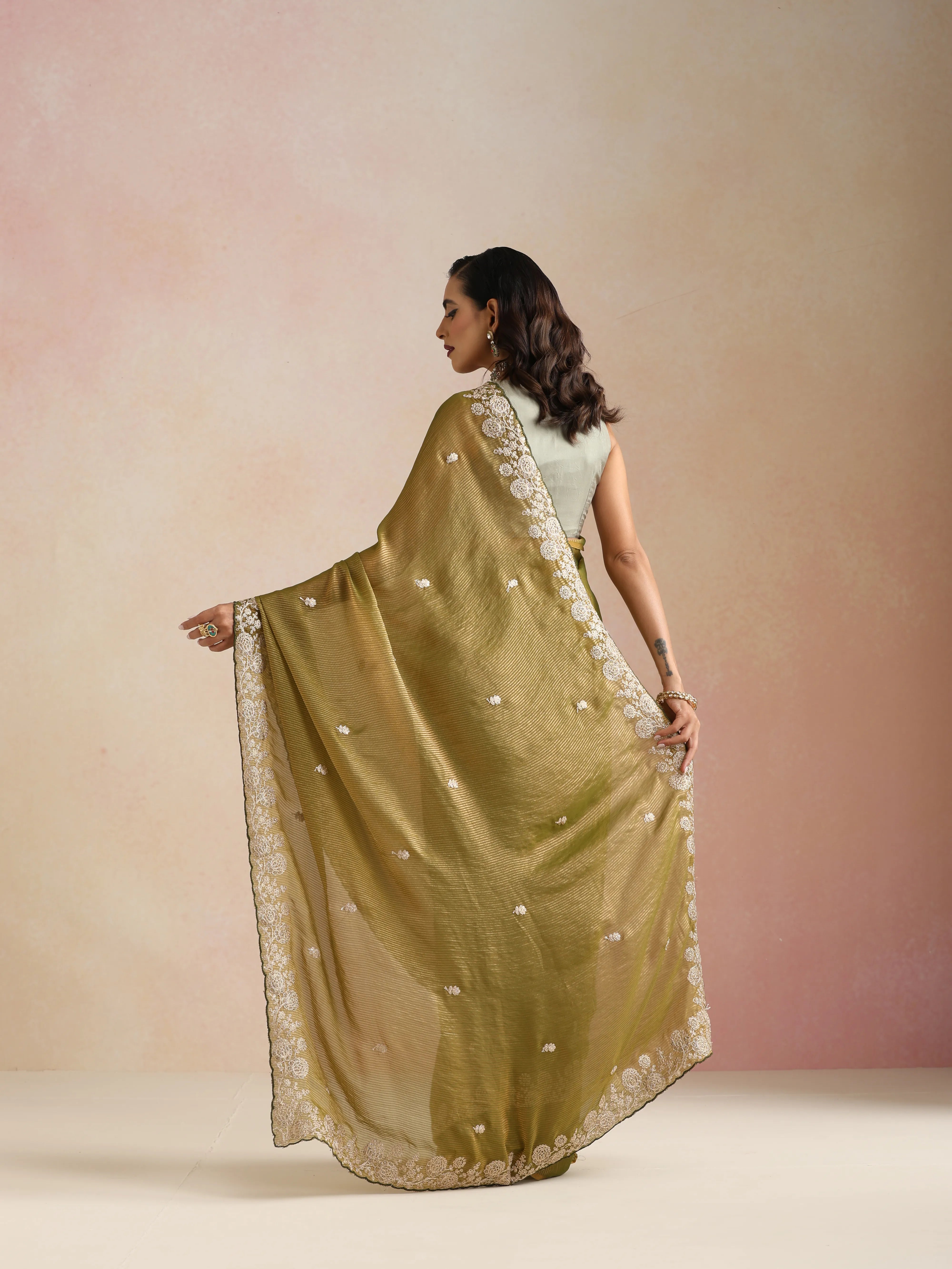 trueBrowns Lime Tissue Stripe Embroidery Weave Saree With Unstitched Blouse