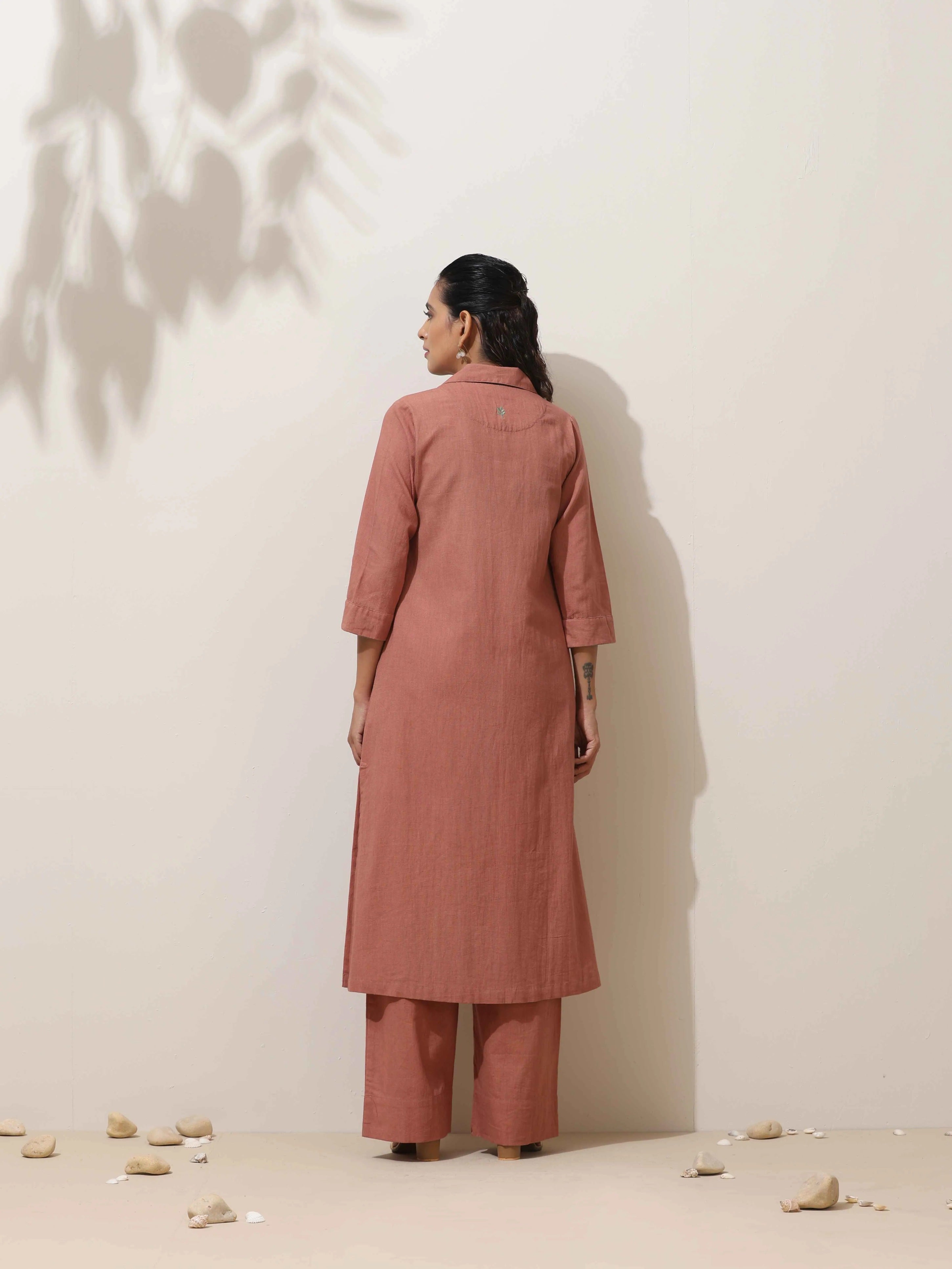 trueBrowns Peach Cotton Linen Kurta Pant Set