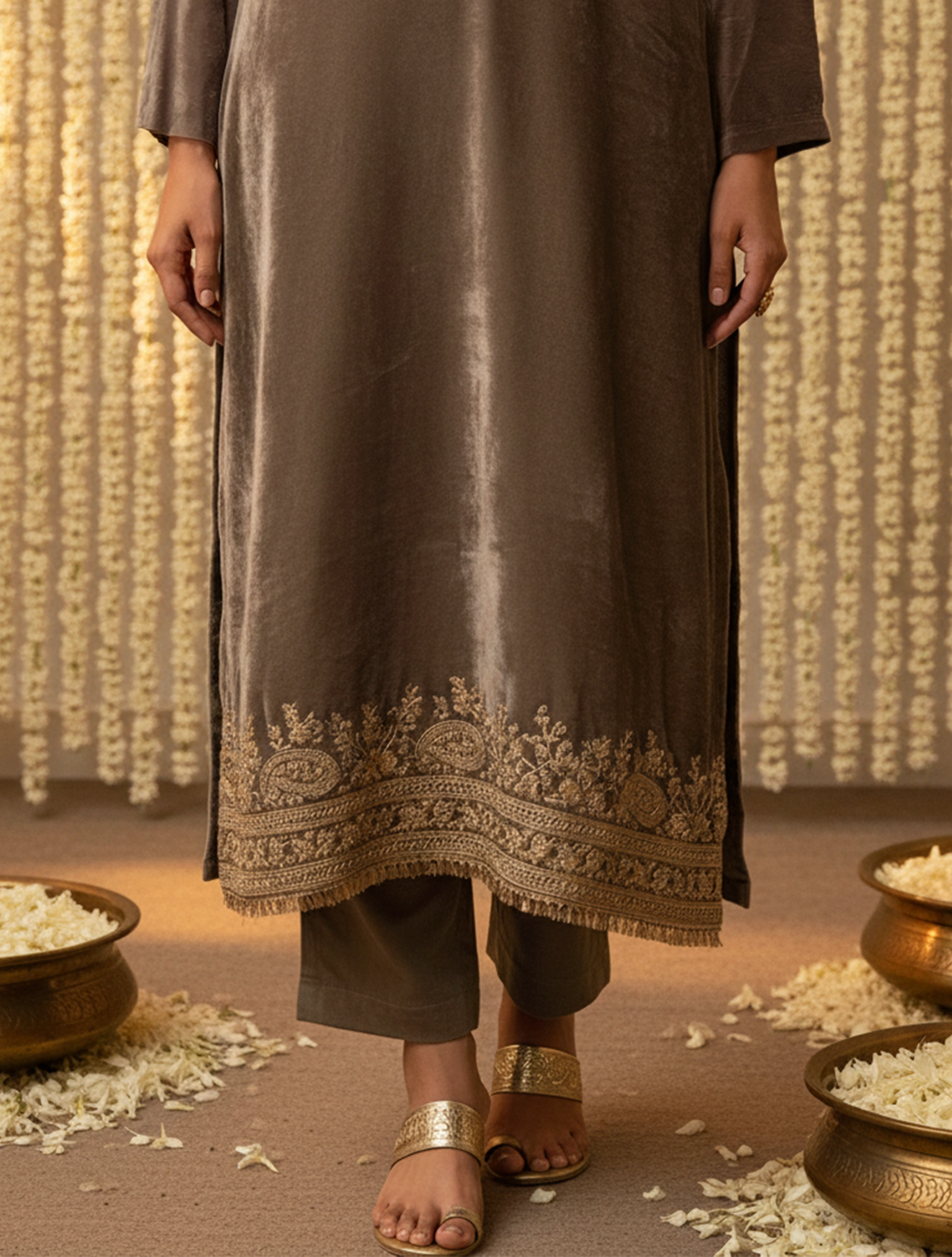 trueBrowns Velvet Grey Gleam Embroidered Kurta Pants Dupatta Set