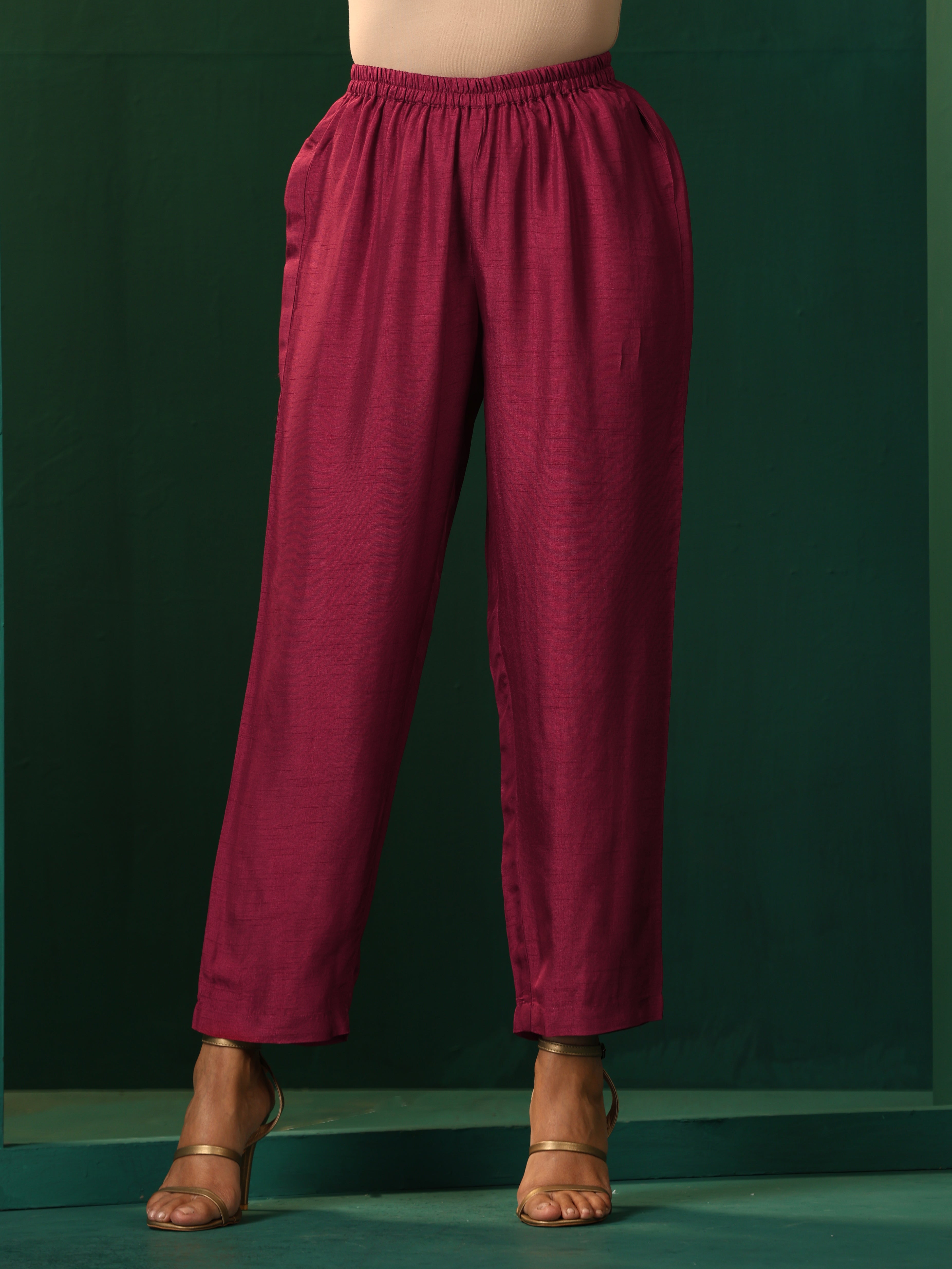 trueBrowns Maroon Silk Angrakha Kurta Pant Set