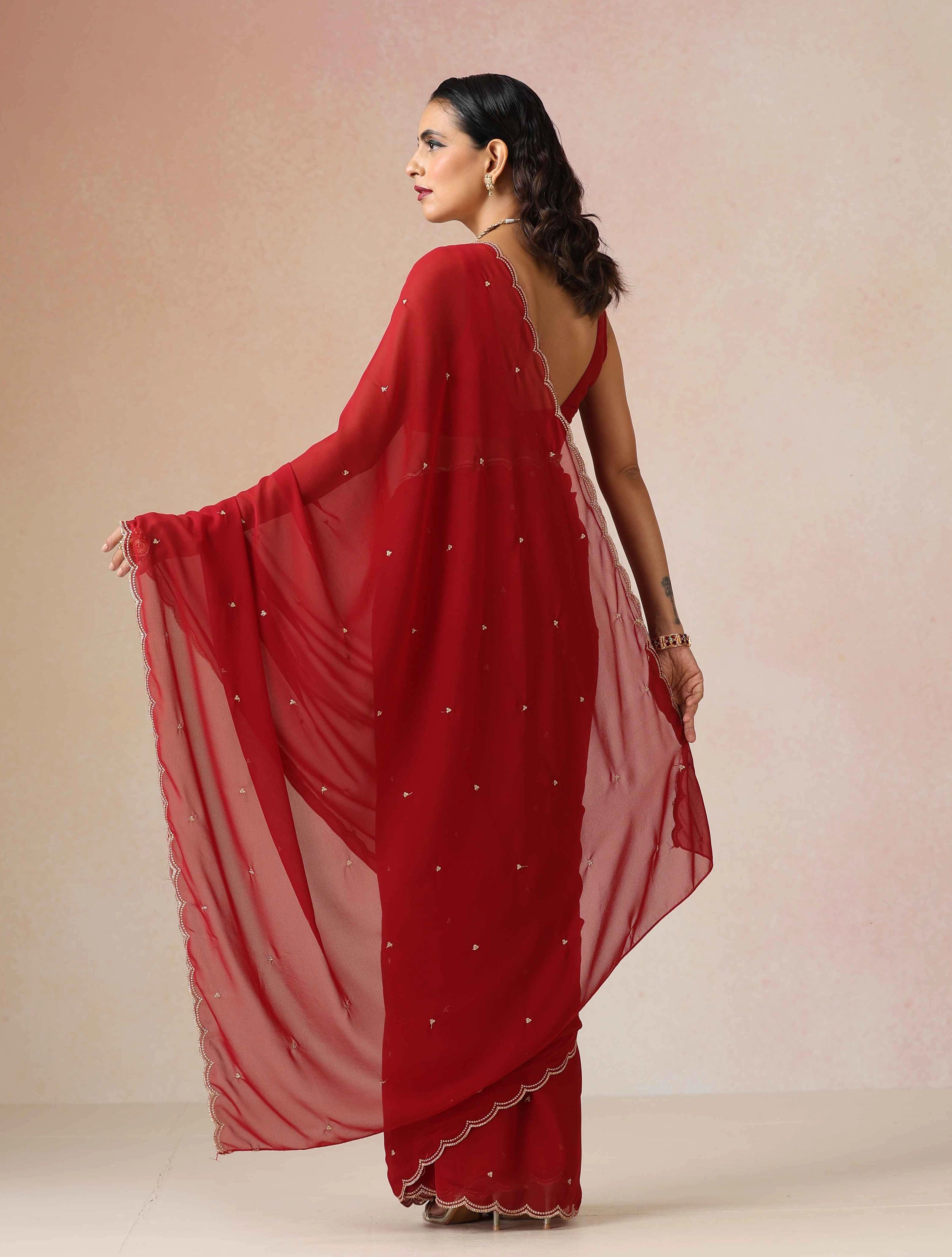 trueBrowns Maroon Georgette Embroidered Saree With unstitched Blouse