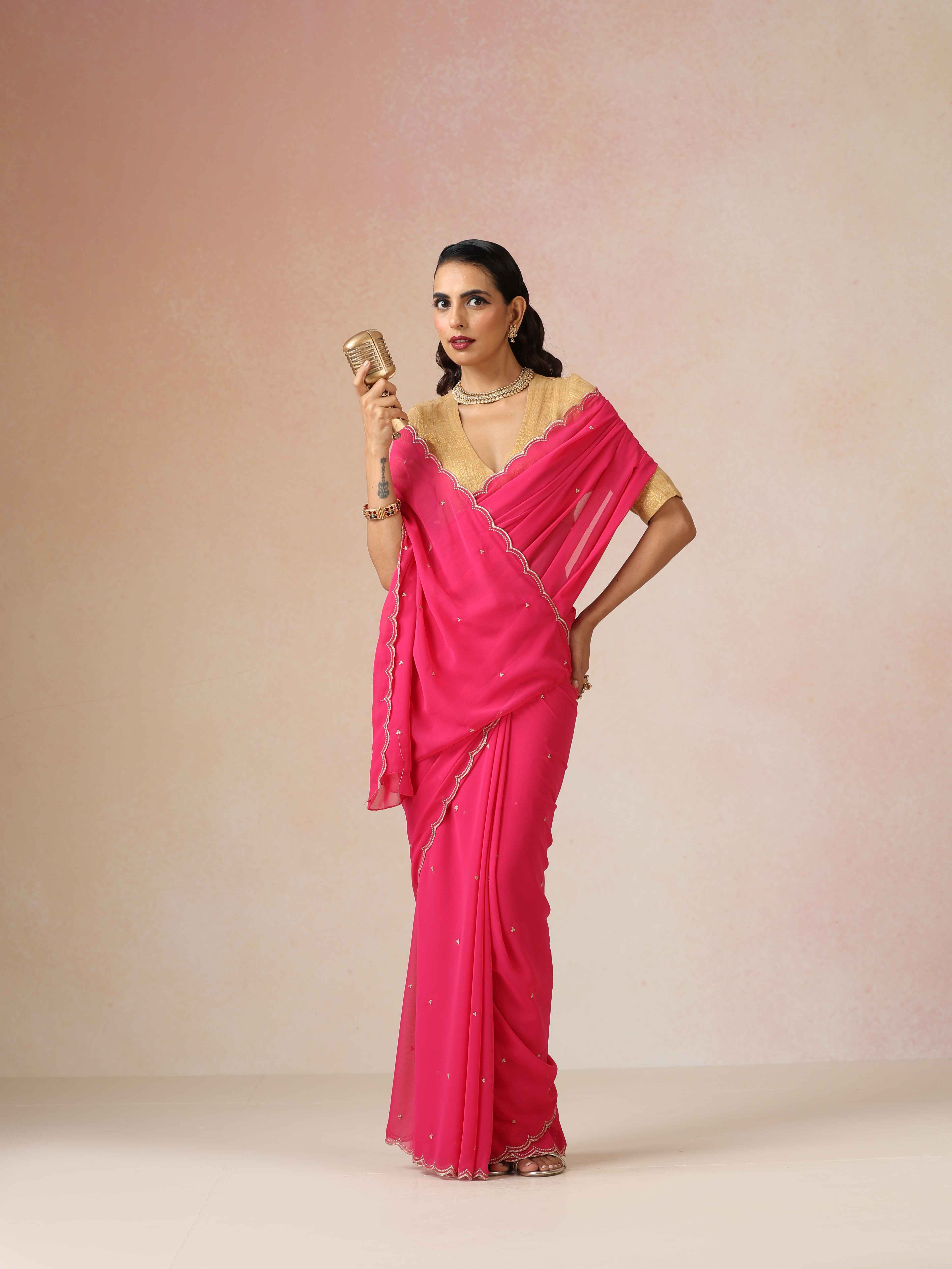 trueBrowns Pink Georgette Embroidered Saree With unstitched Blouse