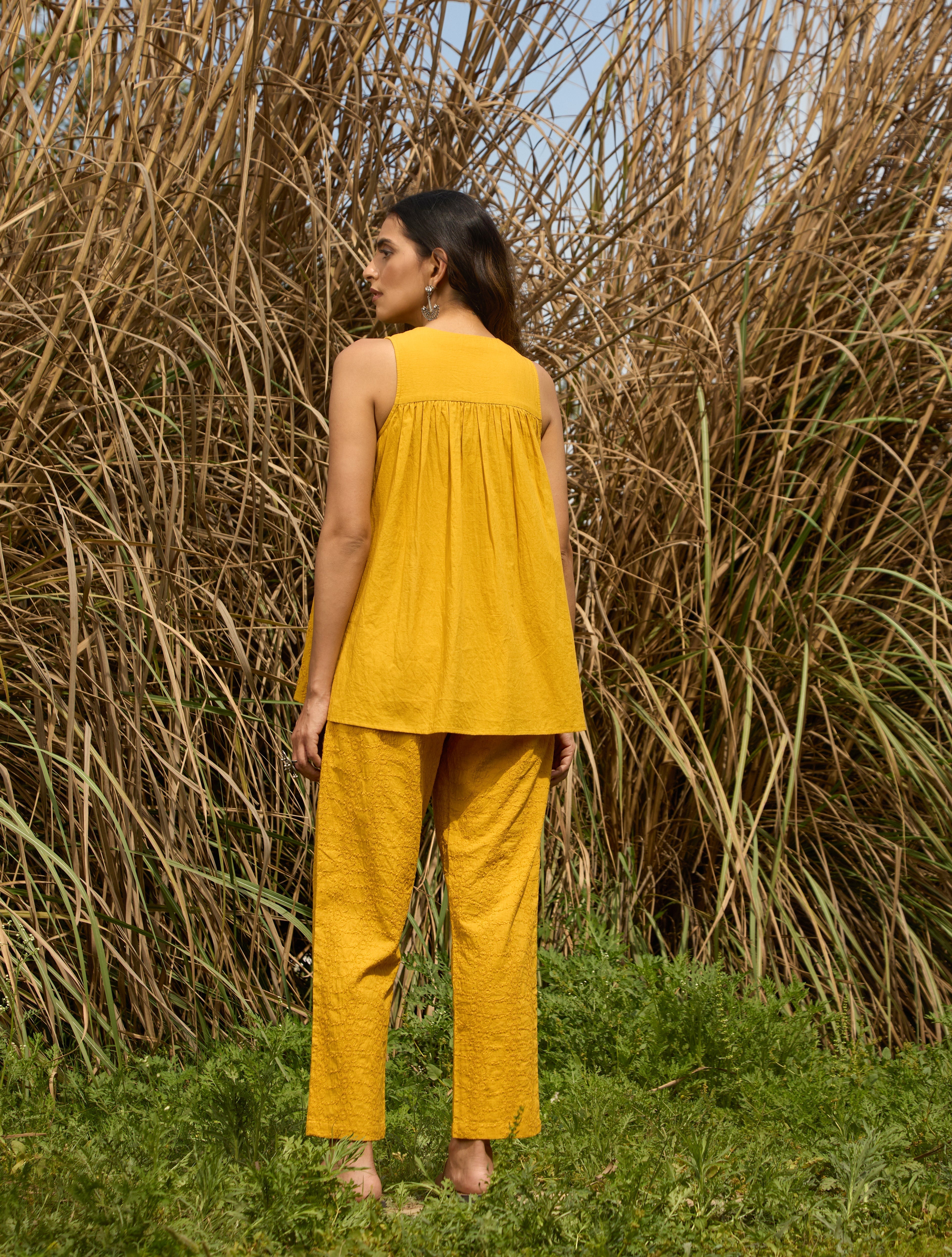 trueBrowns Mustard Cotton Embroidered Flared Co-ord Set