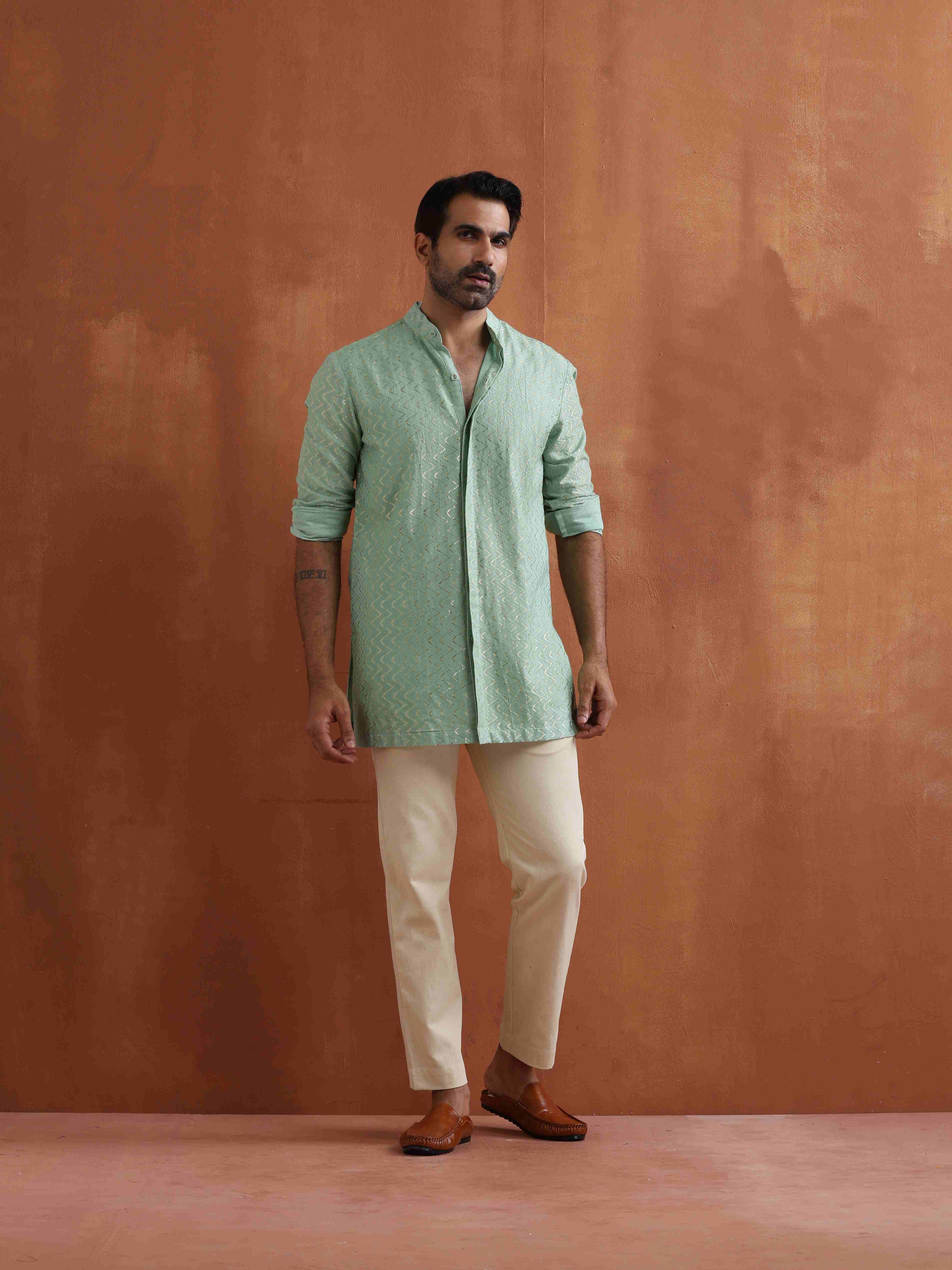 trueBrowns Men's Green Cotton Dobby Front Open Short Kurta