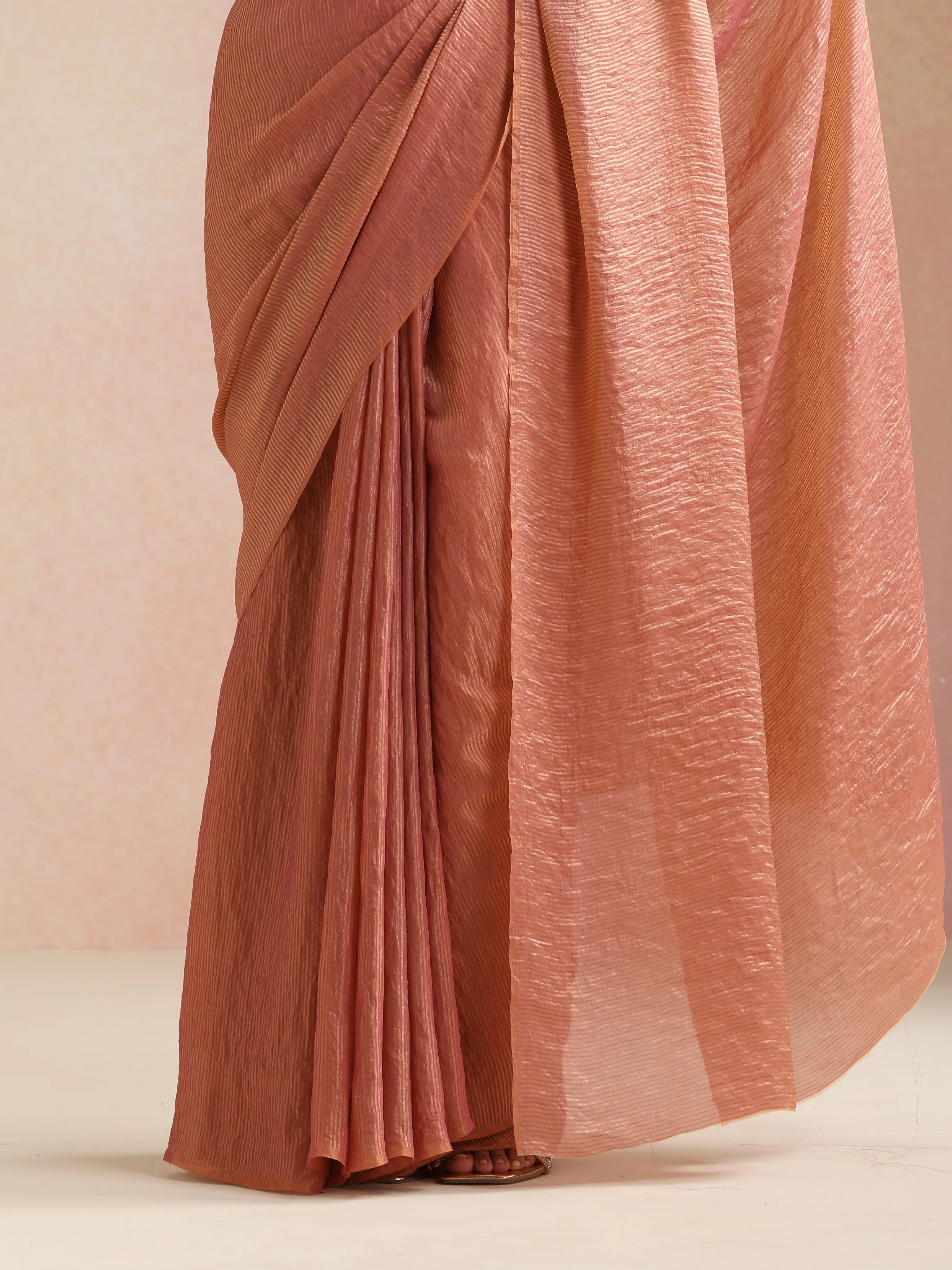 trueBrowns Pink Tissue Stripe Saree With Unstitched Blouse