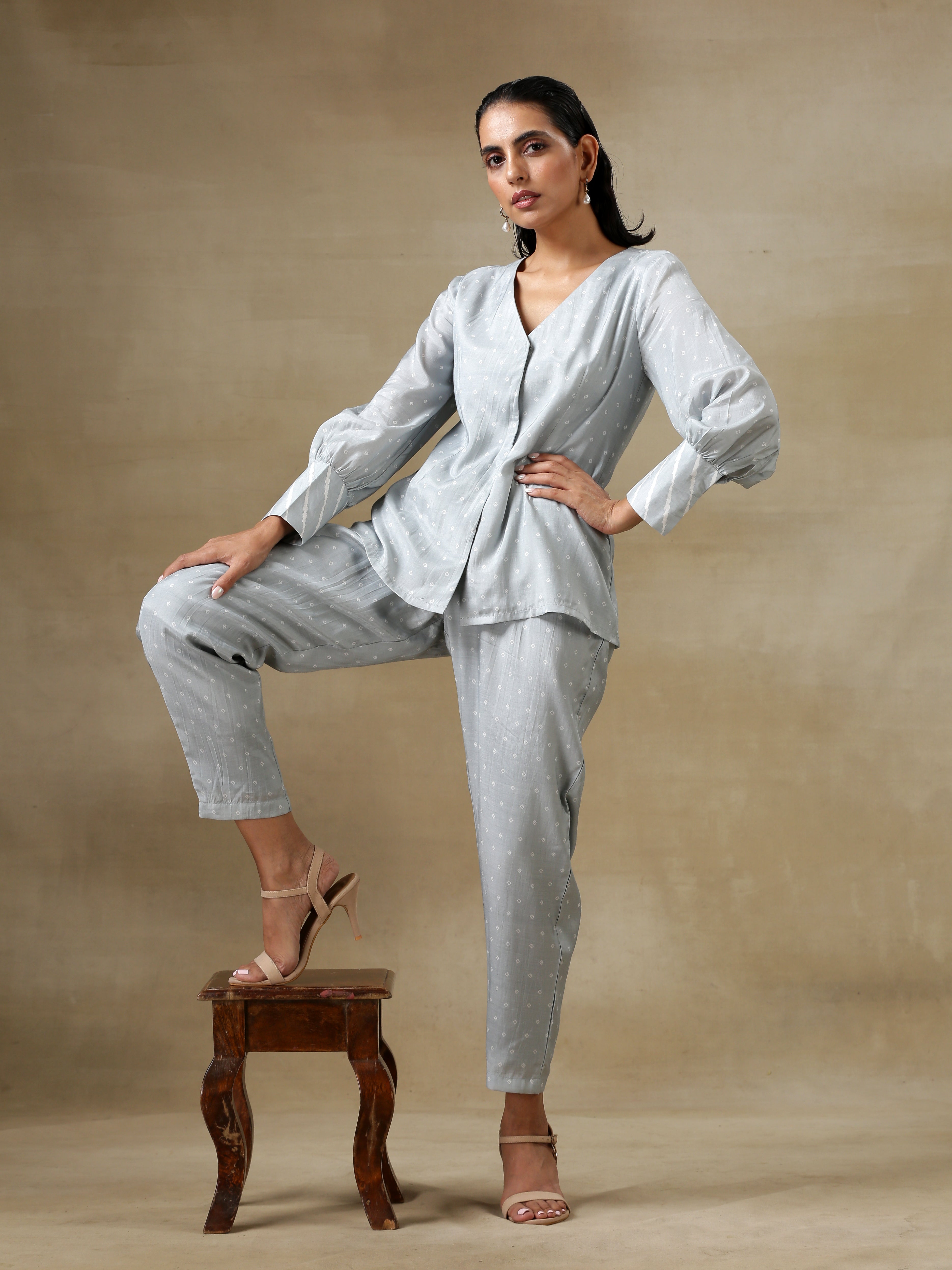 Grey Bandhani Printed Silk Front Open Short Co-Ord Set