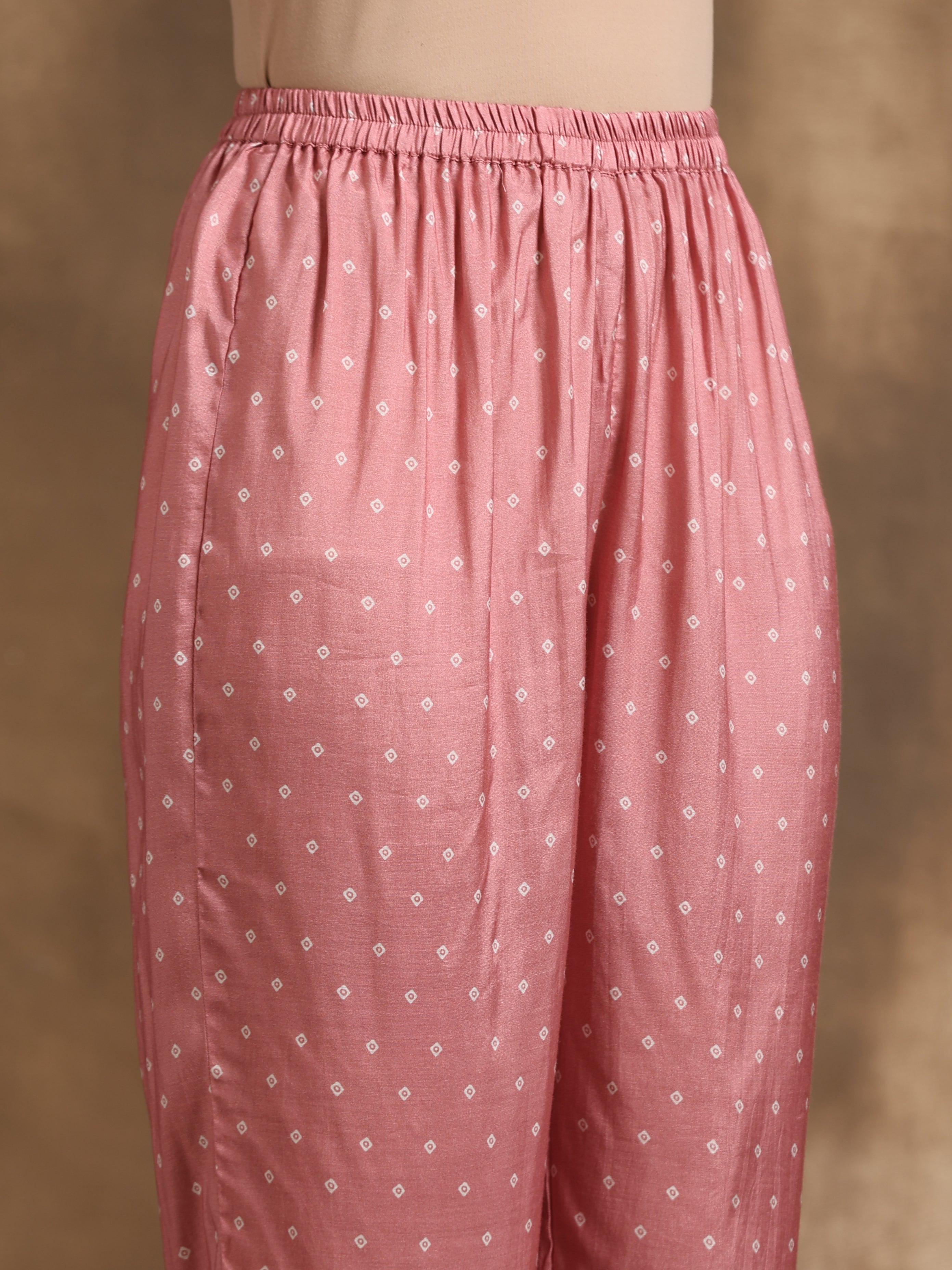 Light Mauve Bandhani Printed Silk Angrakha Kurta Pant Set