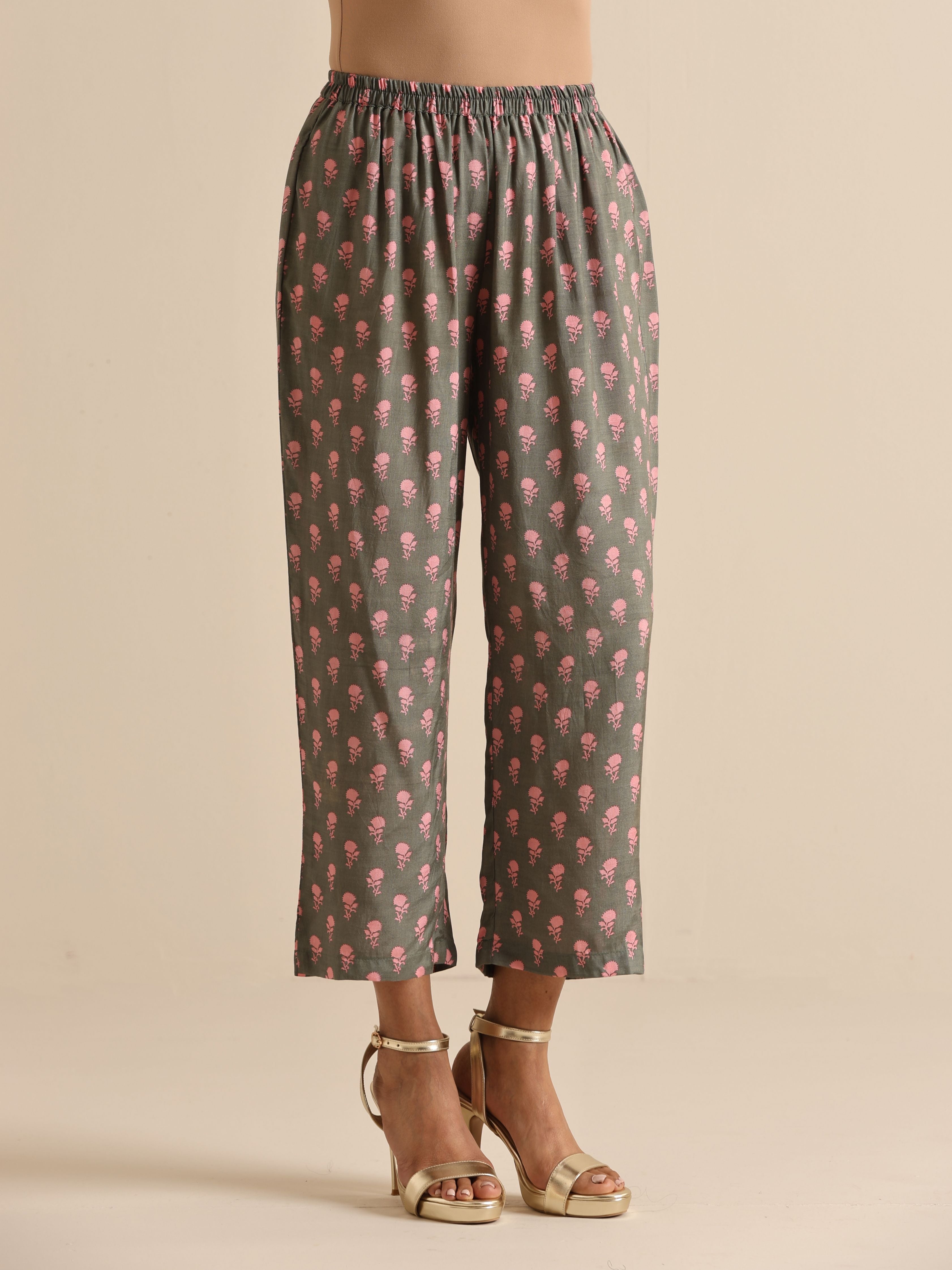 Grey Floral Silk Printed Co-Ord Set