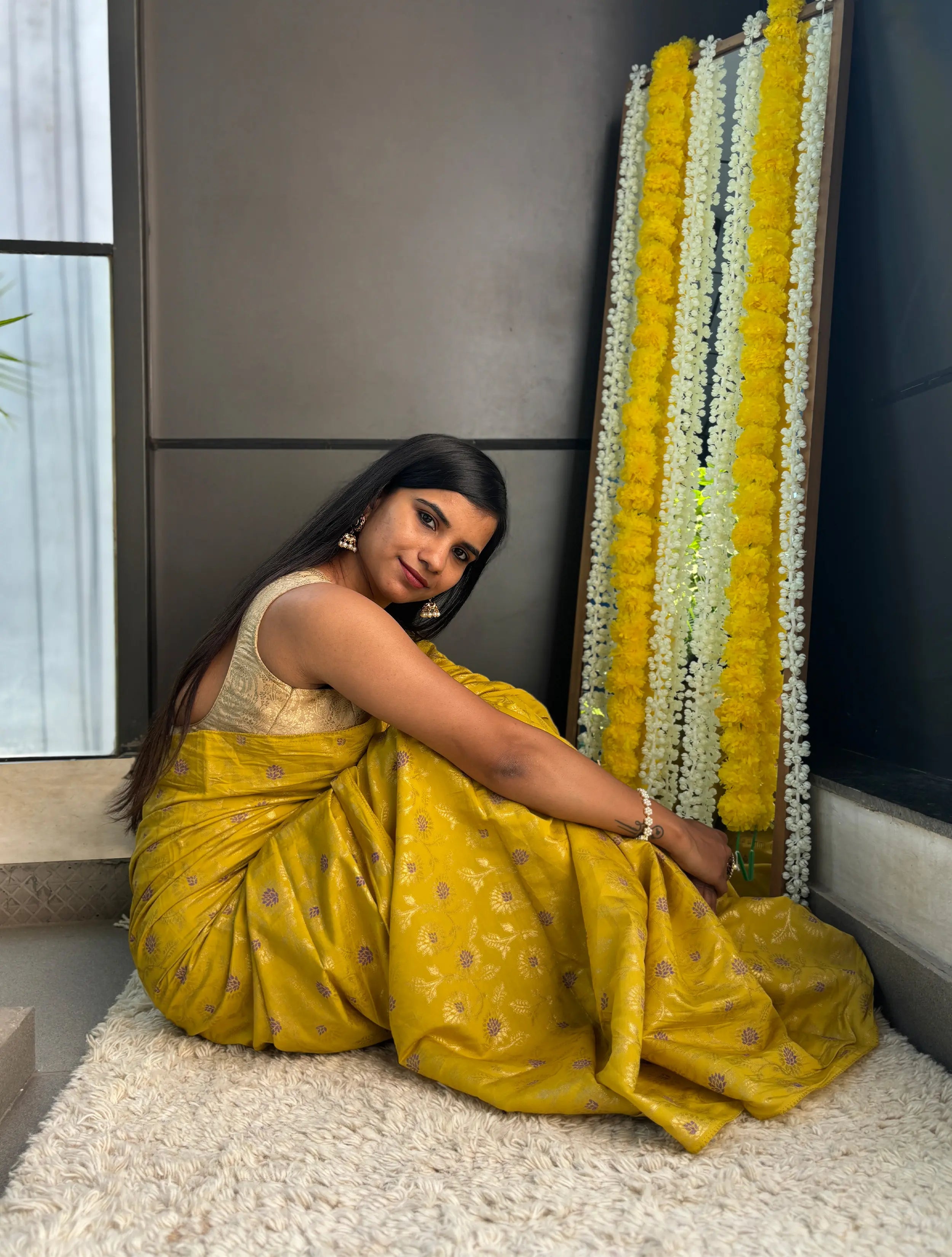 trueBrowns Lime Foil Print Saree With Unstitched Blouse