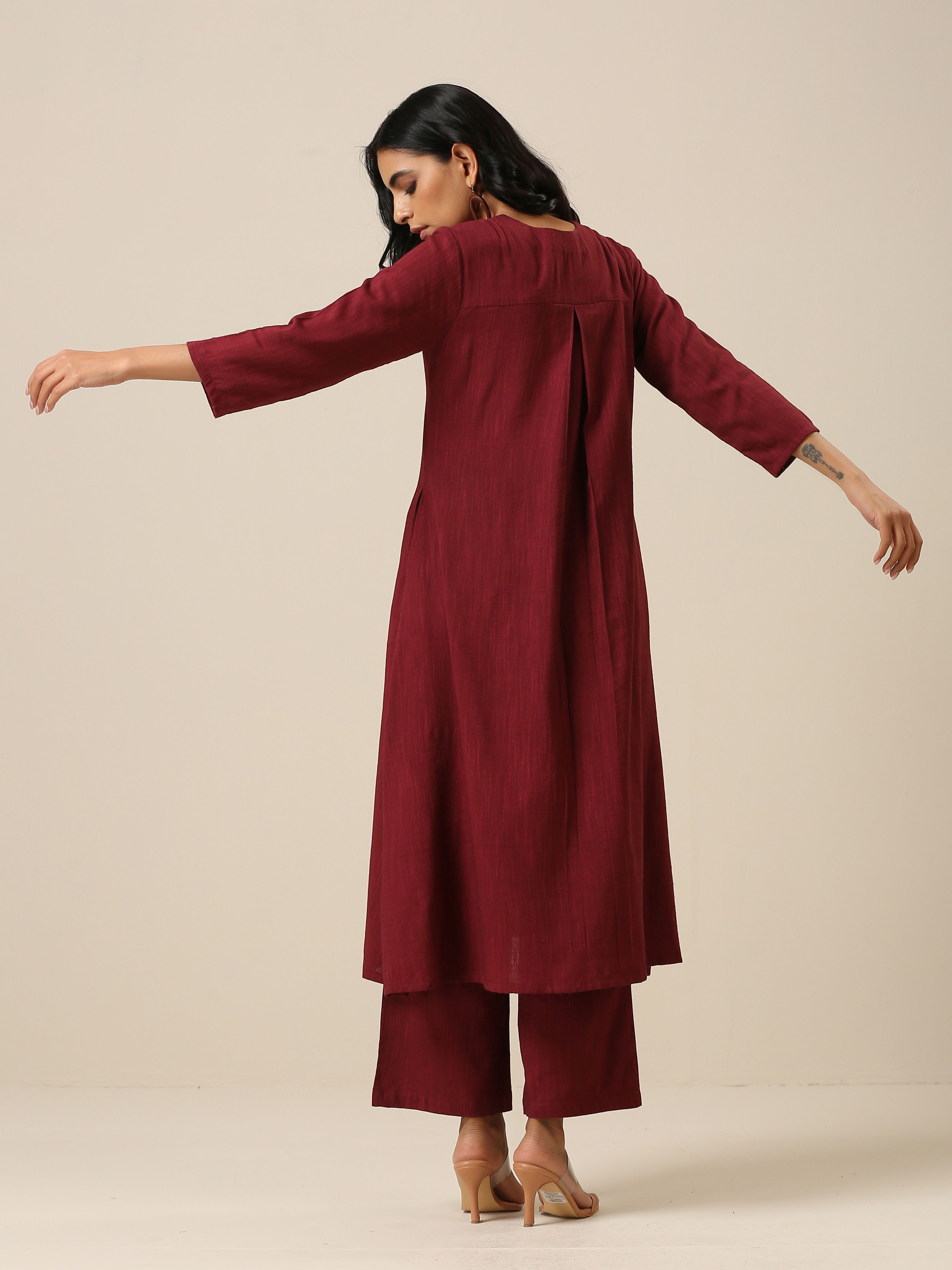 Ruby Wine Slub Texture Back Pleat Kurta Pant Set