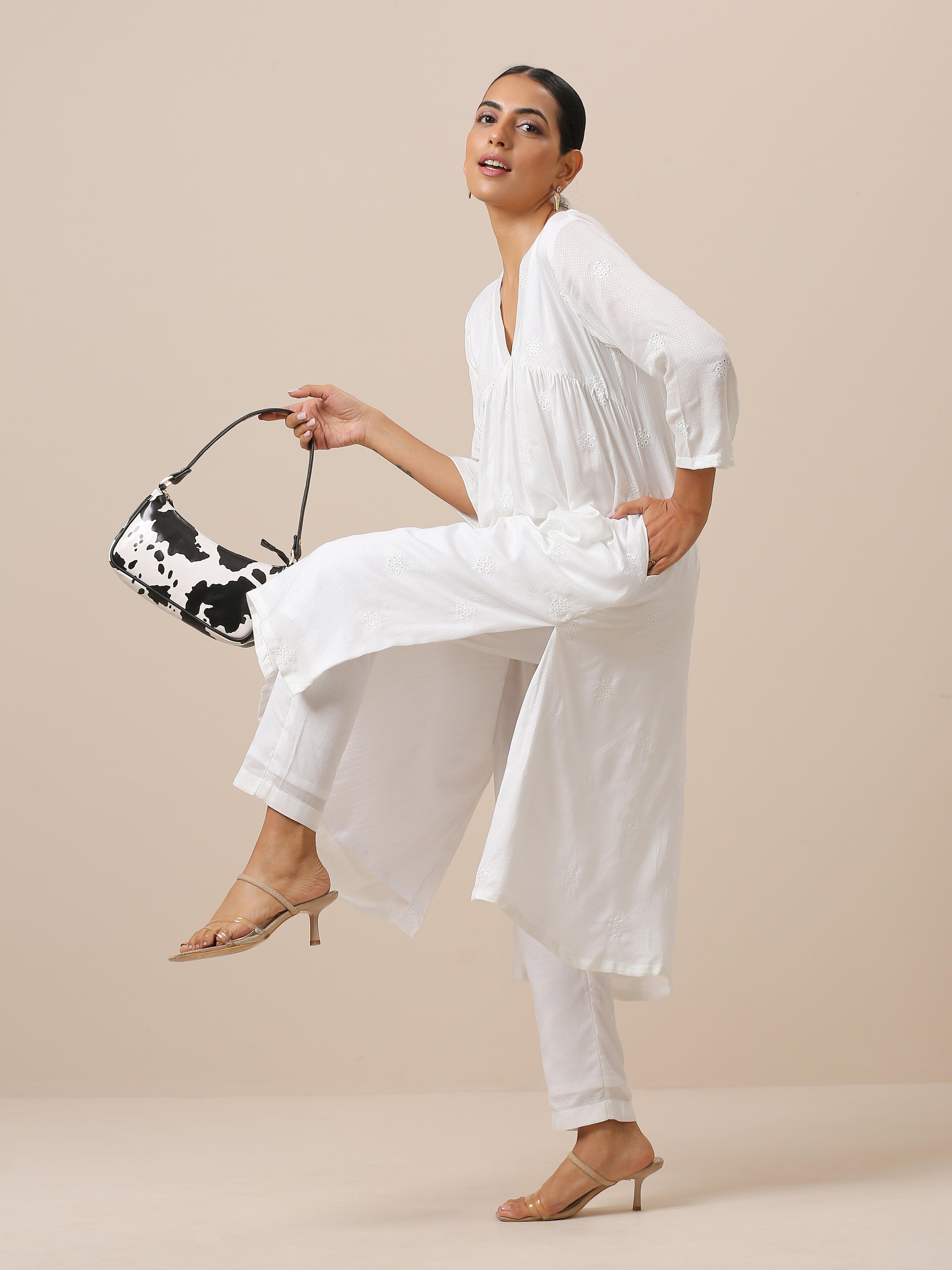 Cotton White Floral Embroidered Kurta Pant Set - trueBrowns