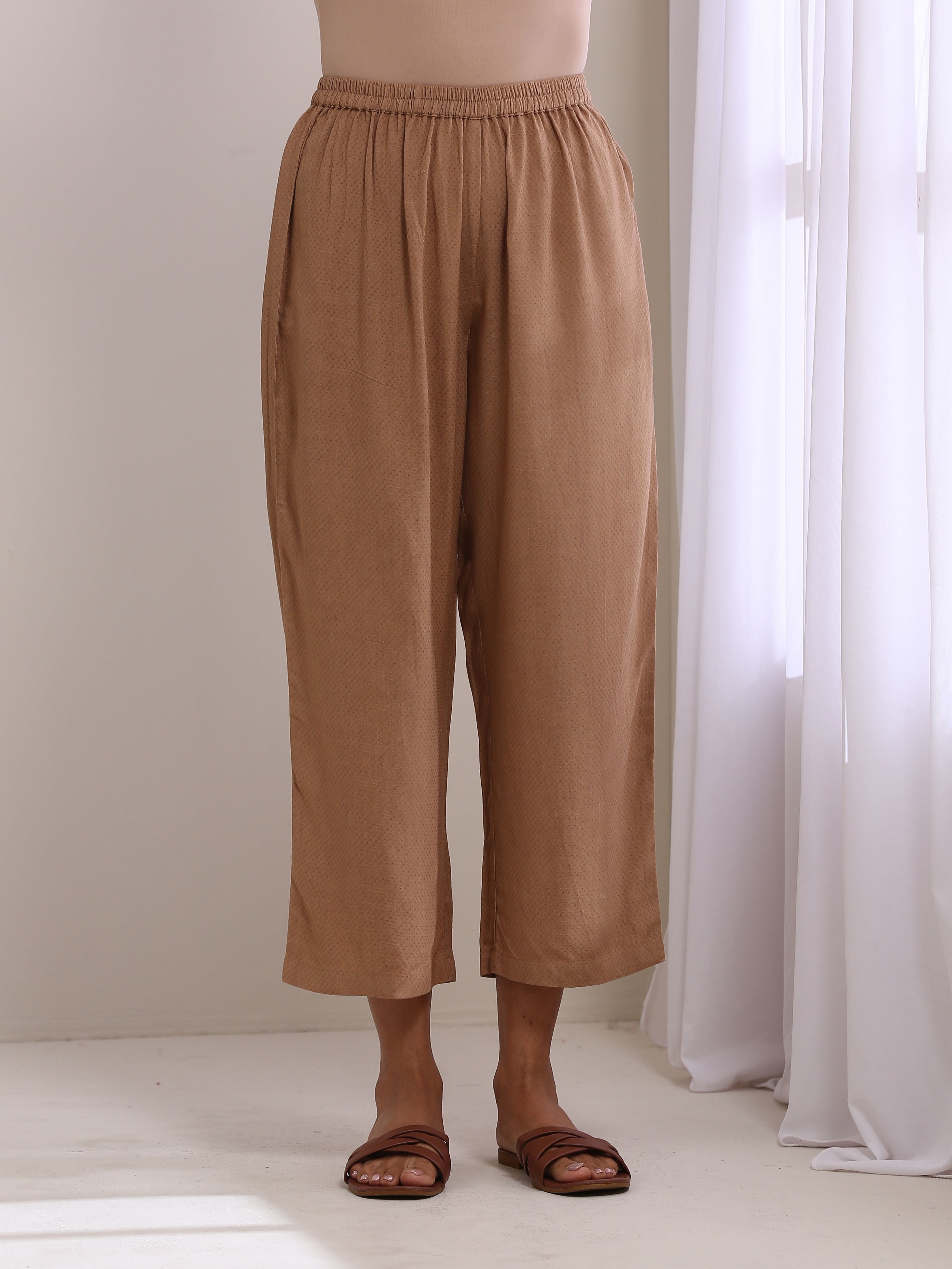 Beige Dobby Gathered Kurta Pant Set