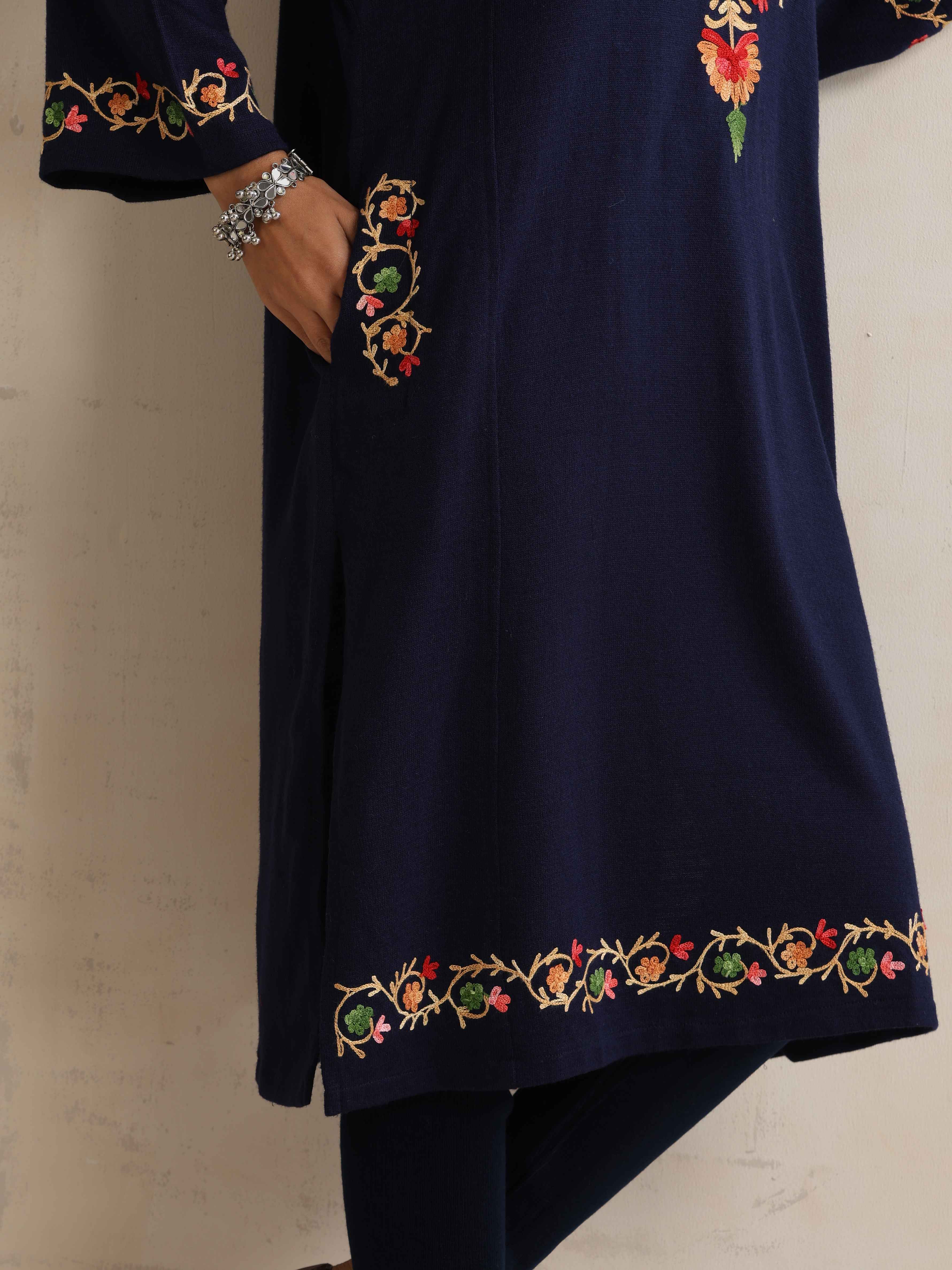 trueBrowns Blue Floral Embroidered Woollen Phiran Kurta