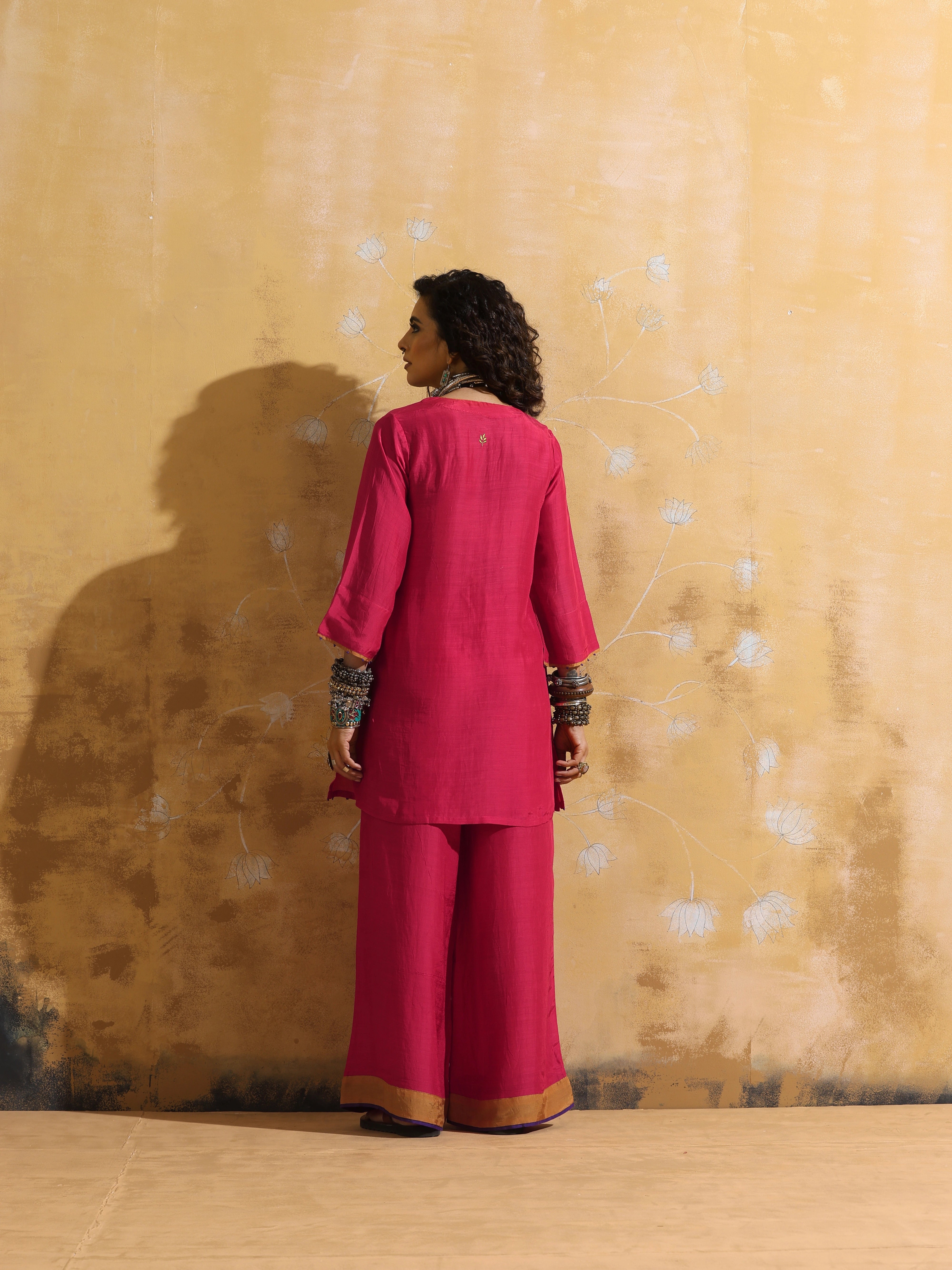 trueBrowns Pink Muslin Silk Co-ord Set with Flared Pants