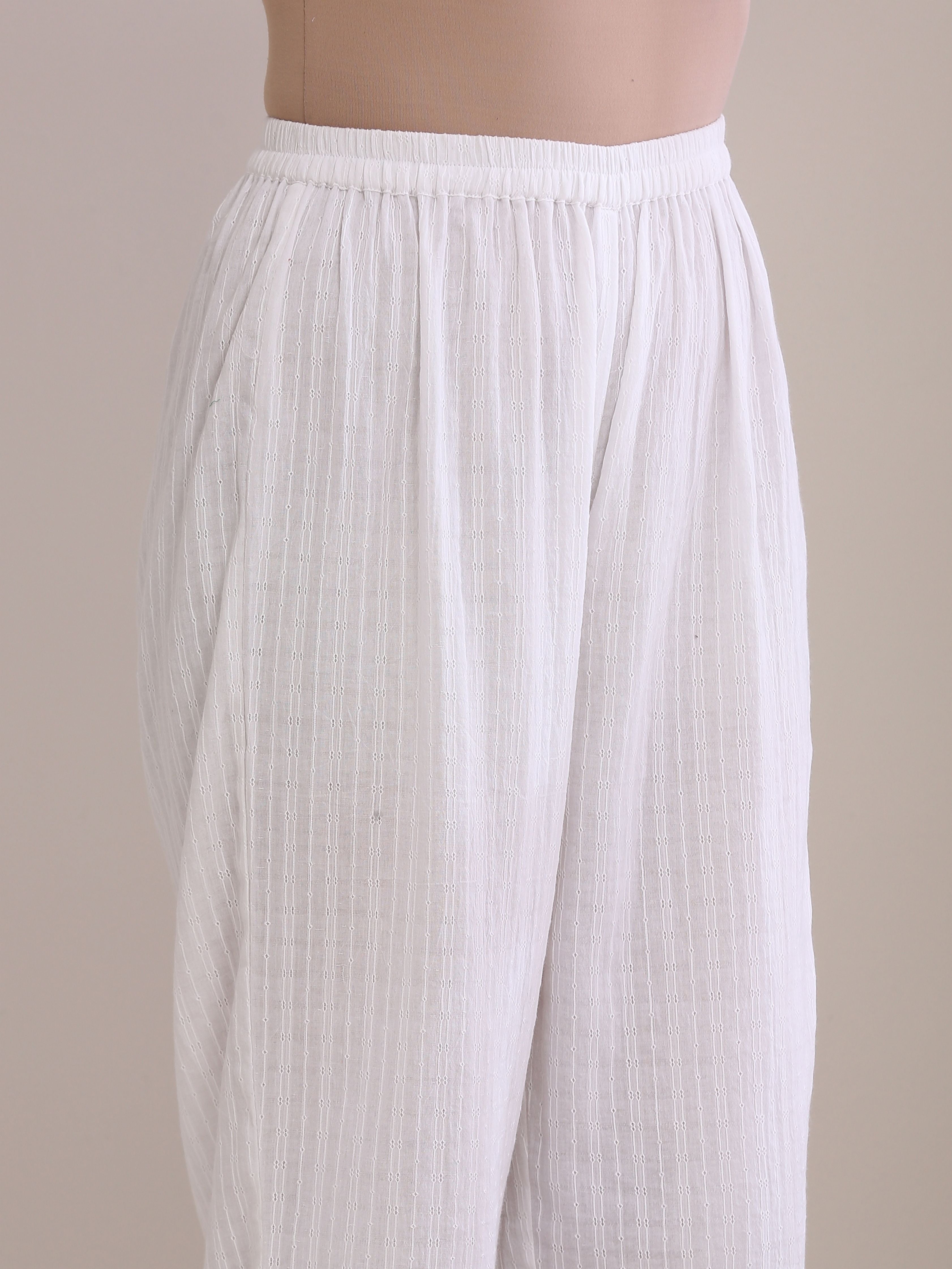 White Dobby Front Pleated Long Kurta Pant Set