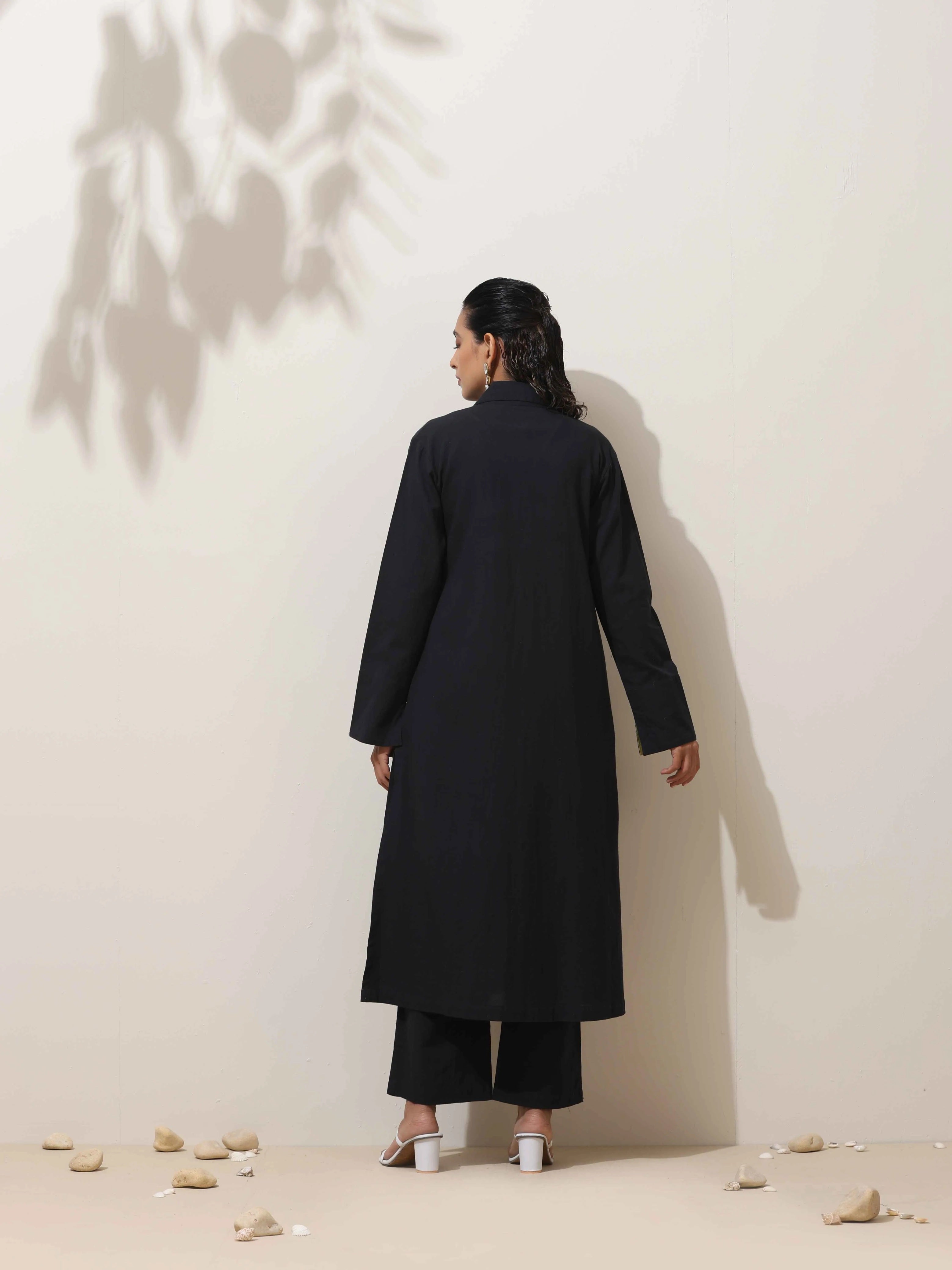 trueBrowns Black Cotton Linen Kurta Pant Set