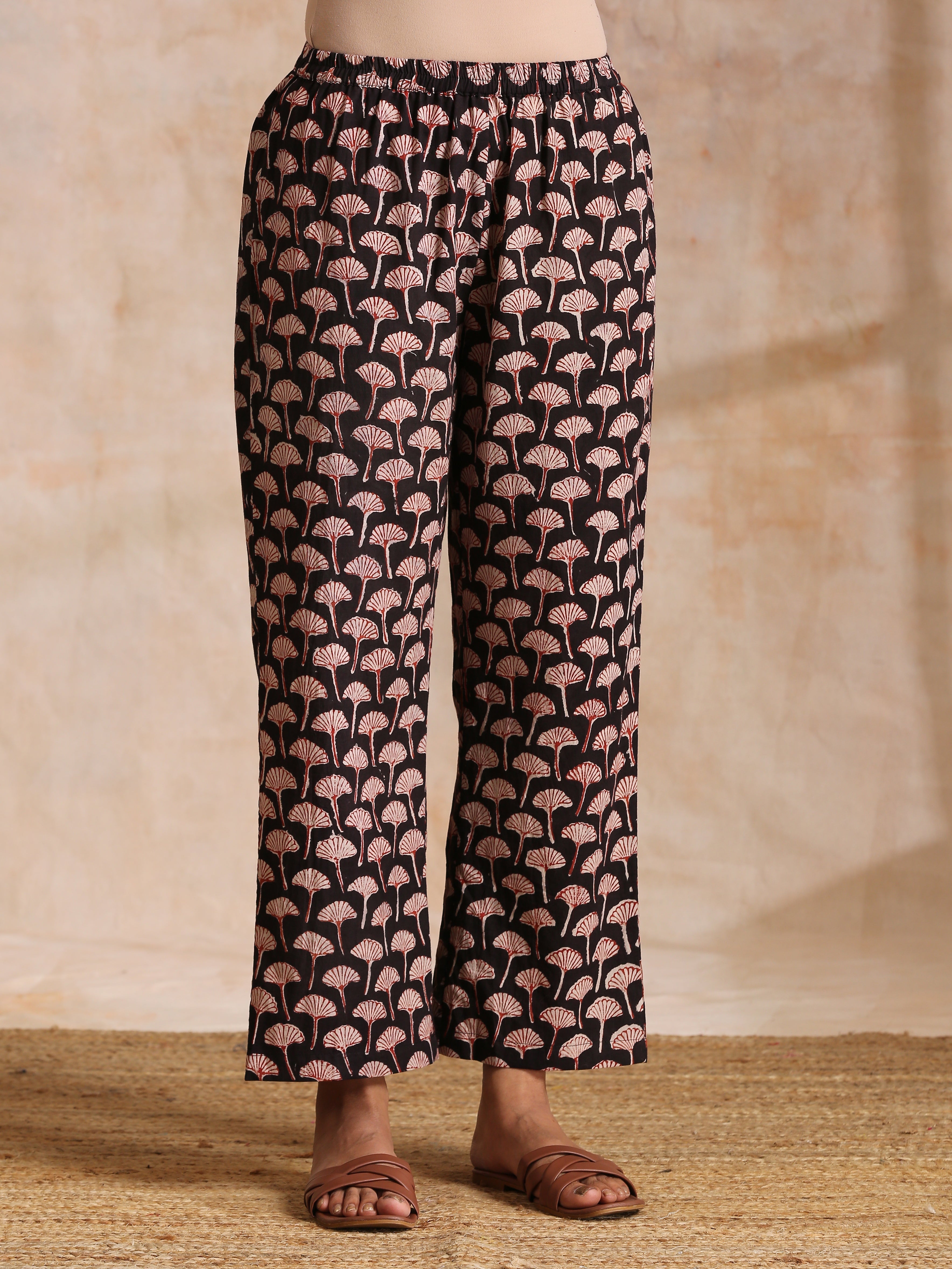 Rust Red Bagru Floral Print Cotton Panel Kaftan Kurta Pant Set