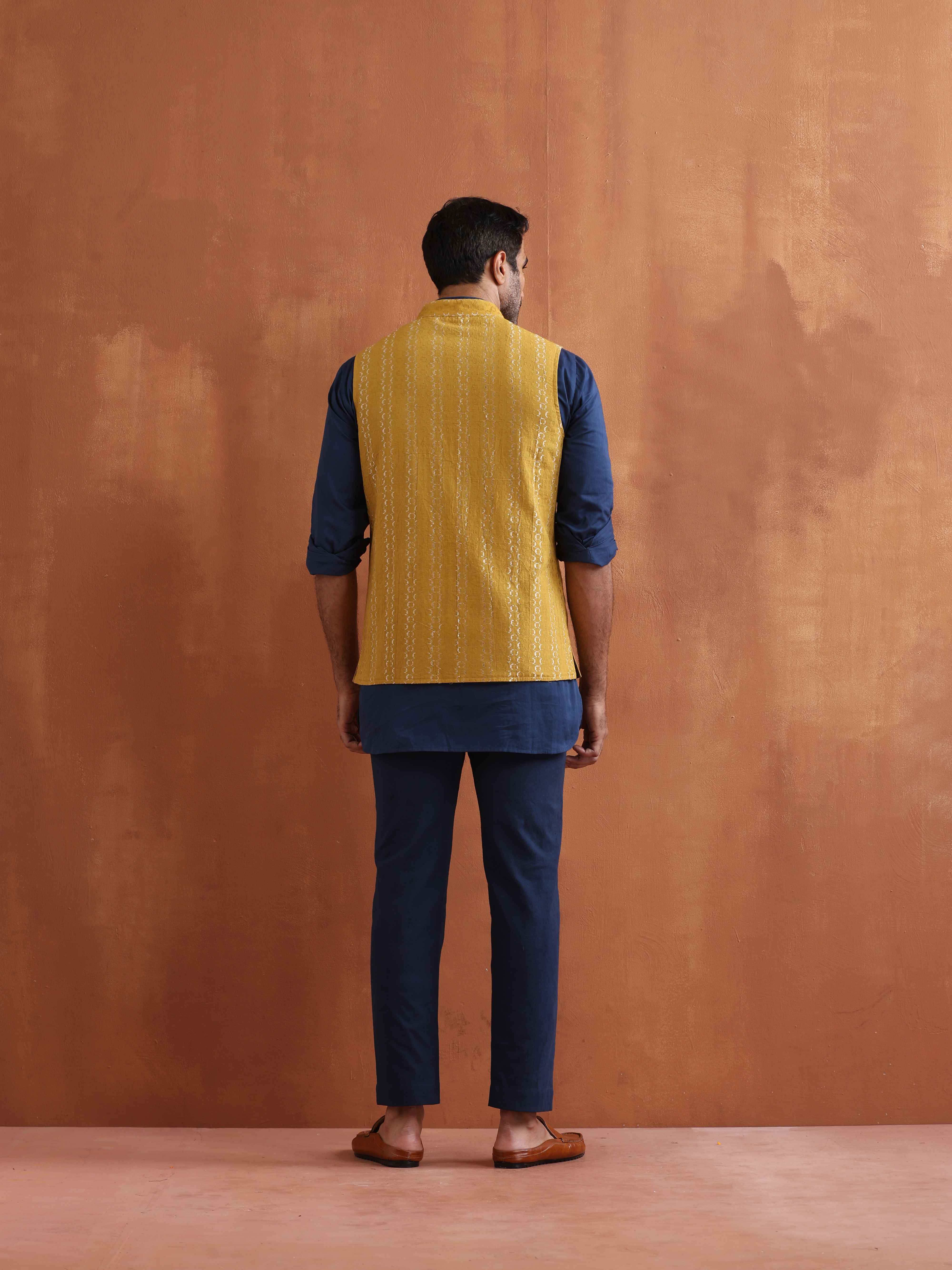 trueBrowns Men's Mustard Cotton Dobby Reversible Nehru Jacket