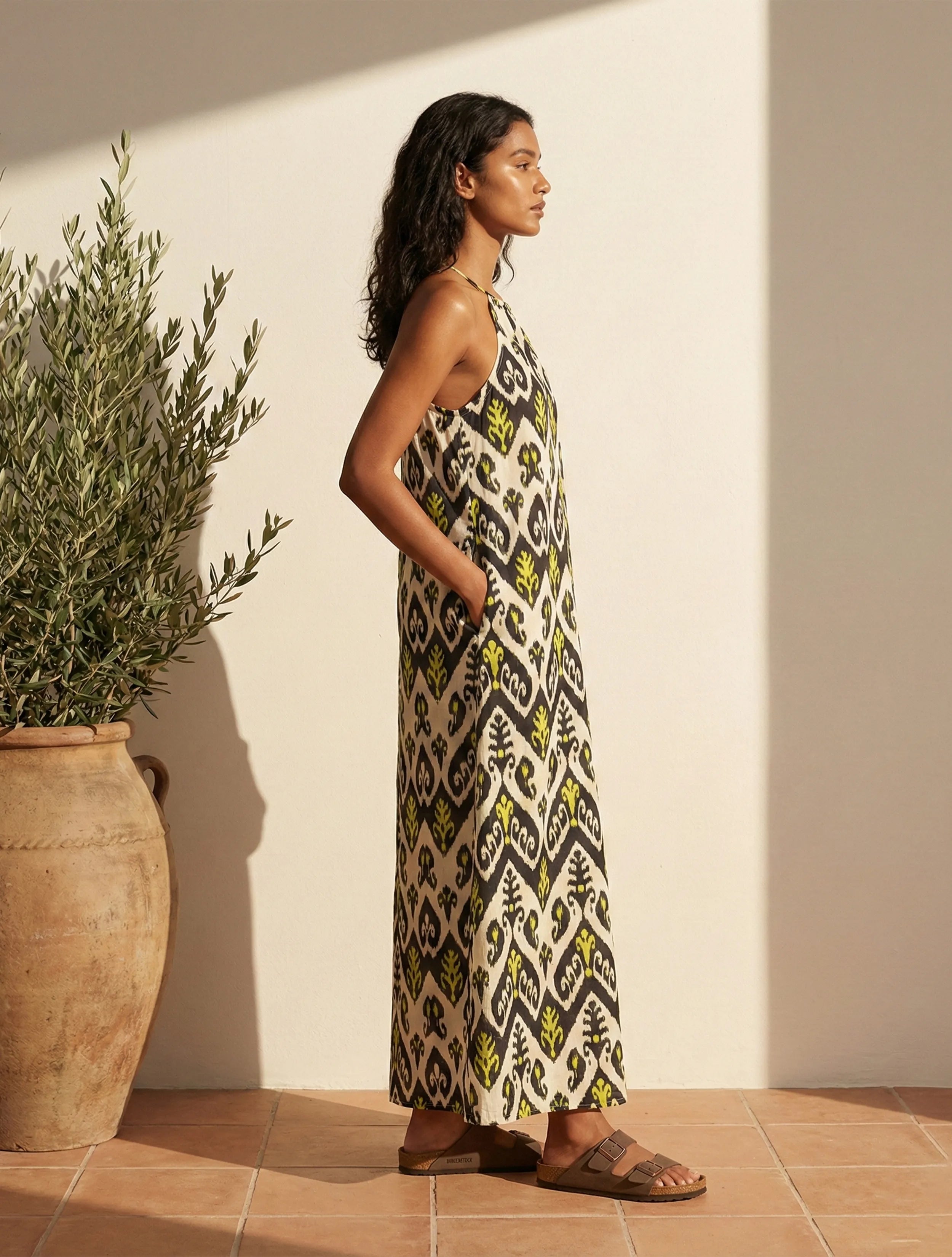 trueBrowns Black White Ikat Print Cotton Mull Long Dress