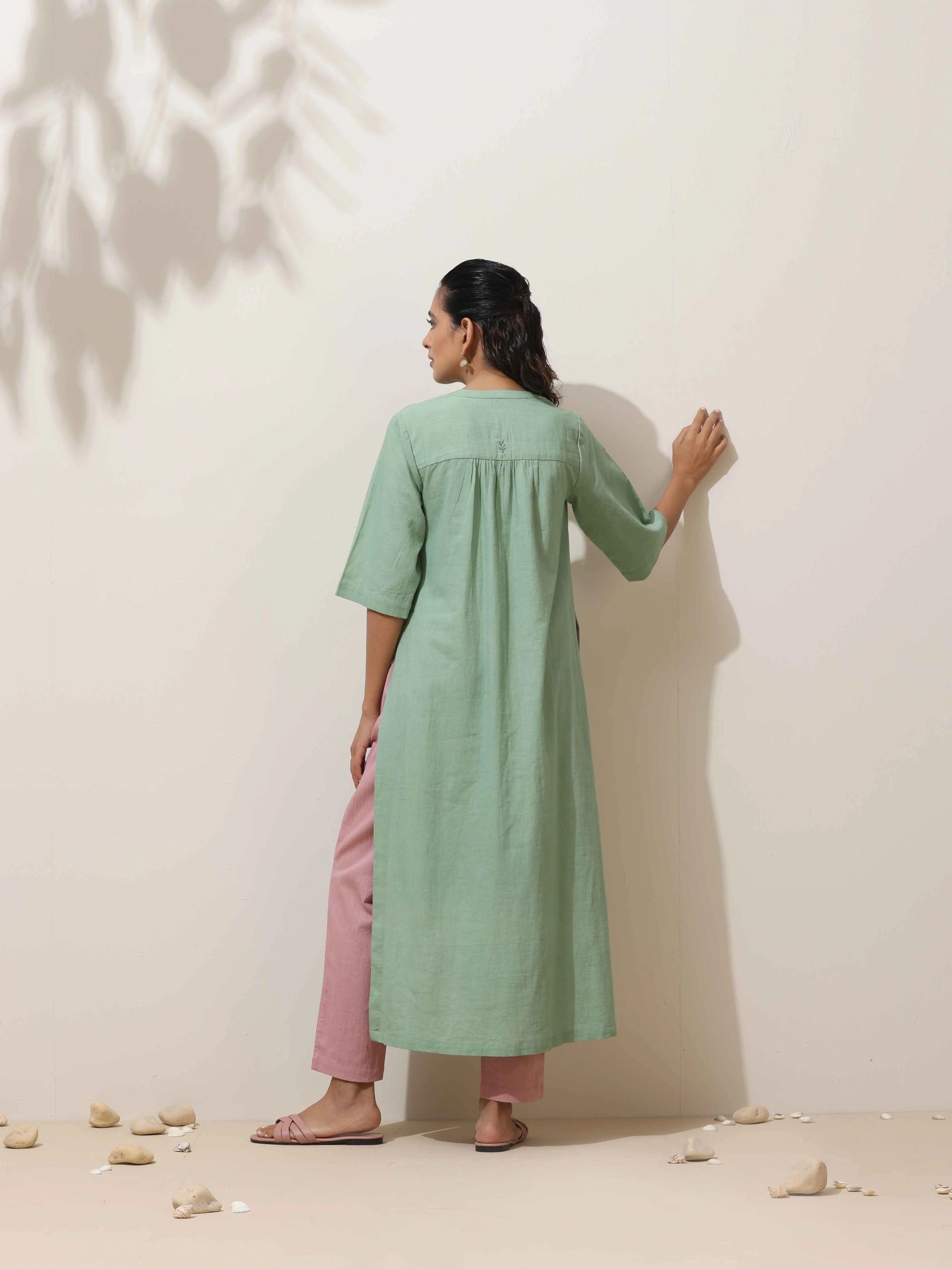 trueBrowns Mint Green Cotton Linen Kurta Pant Set