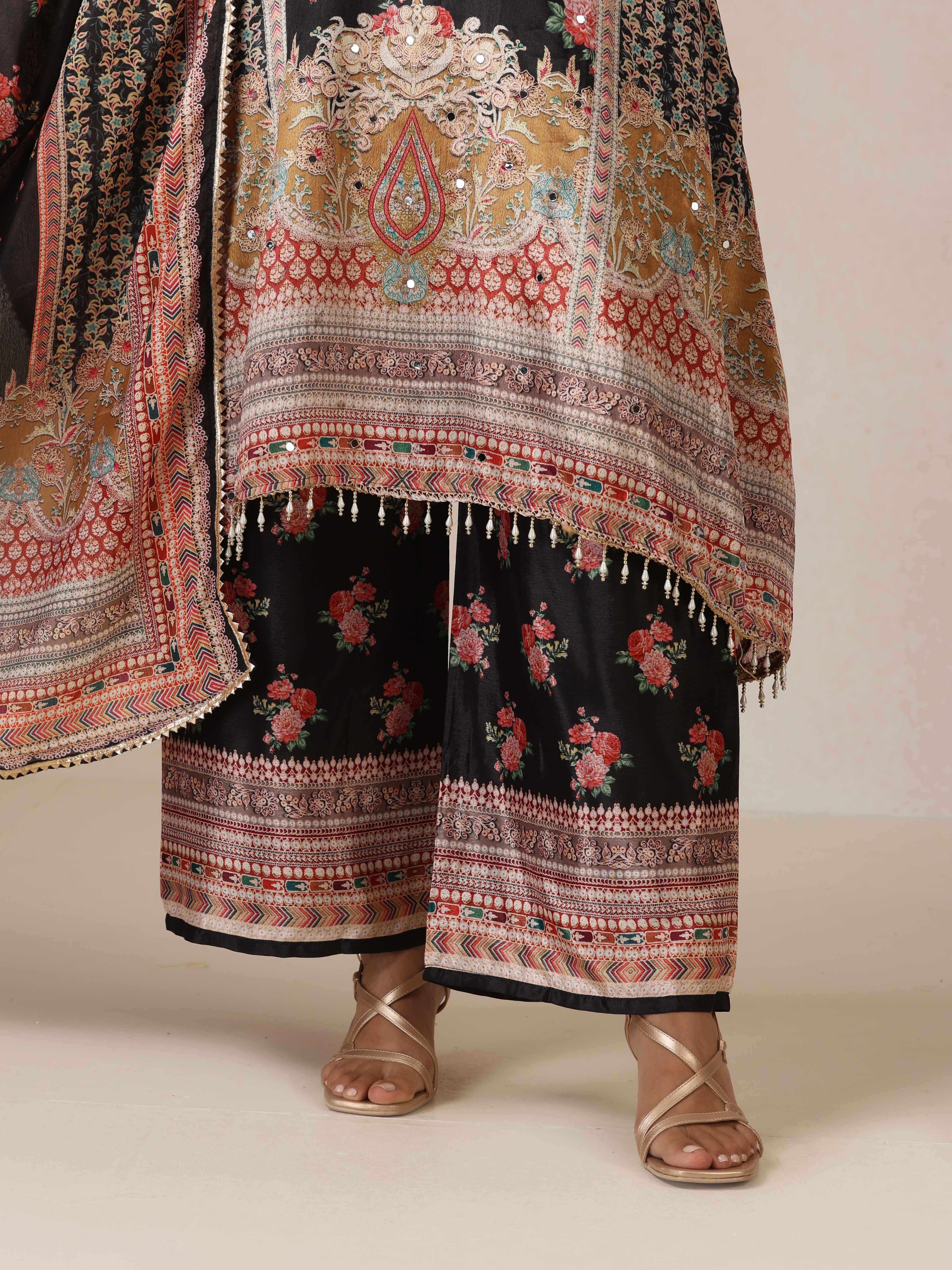 trueBrowns Black Print A-Line Kurta 3pc Set