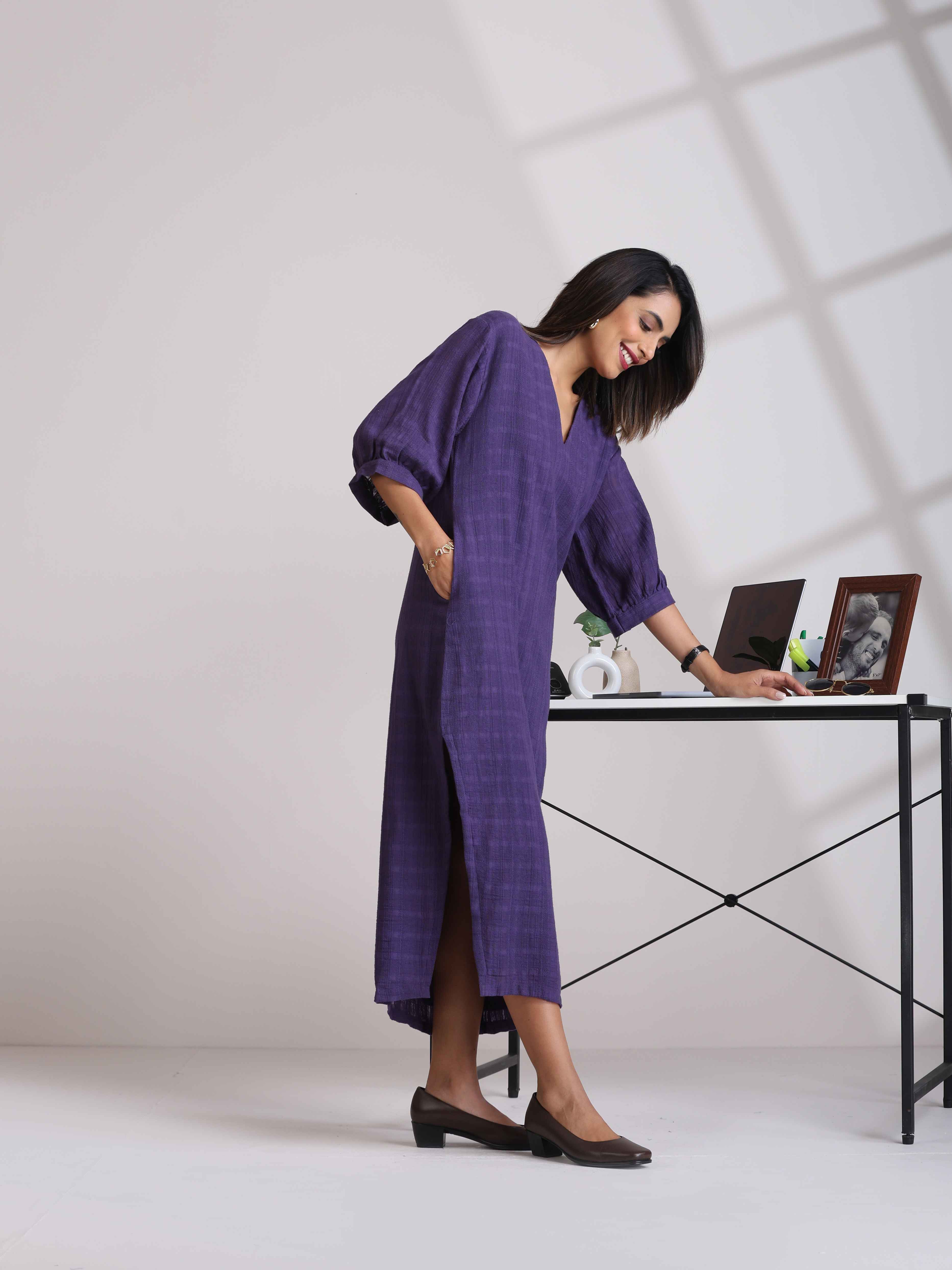 trueBrowns Purple Cotton Dobby Slit Dress