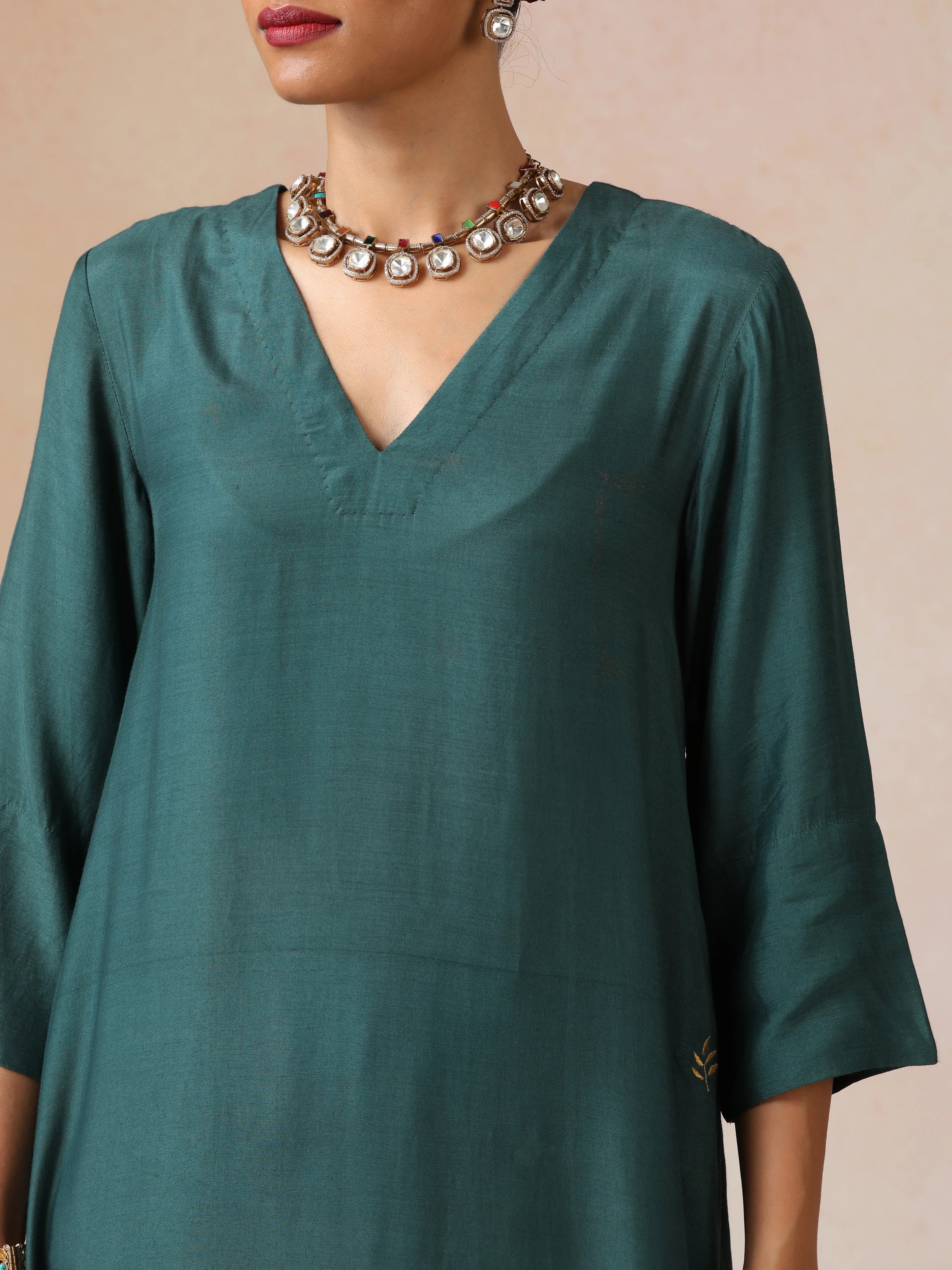 trueBrowns Dark Green Gold Foil Print Muslin Silk Kurta Set