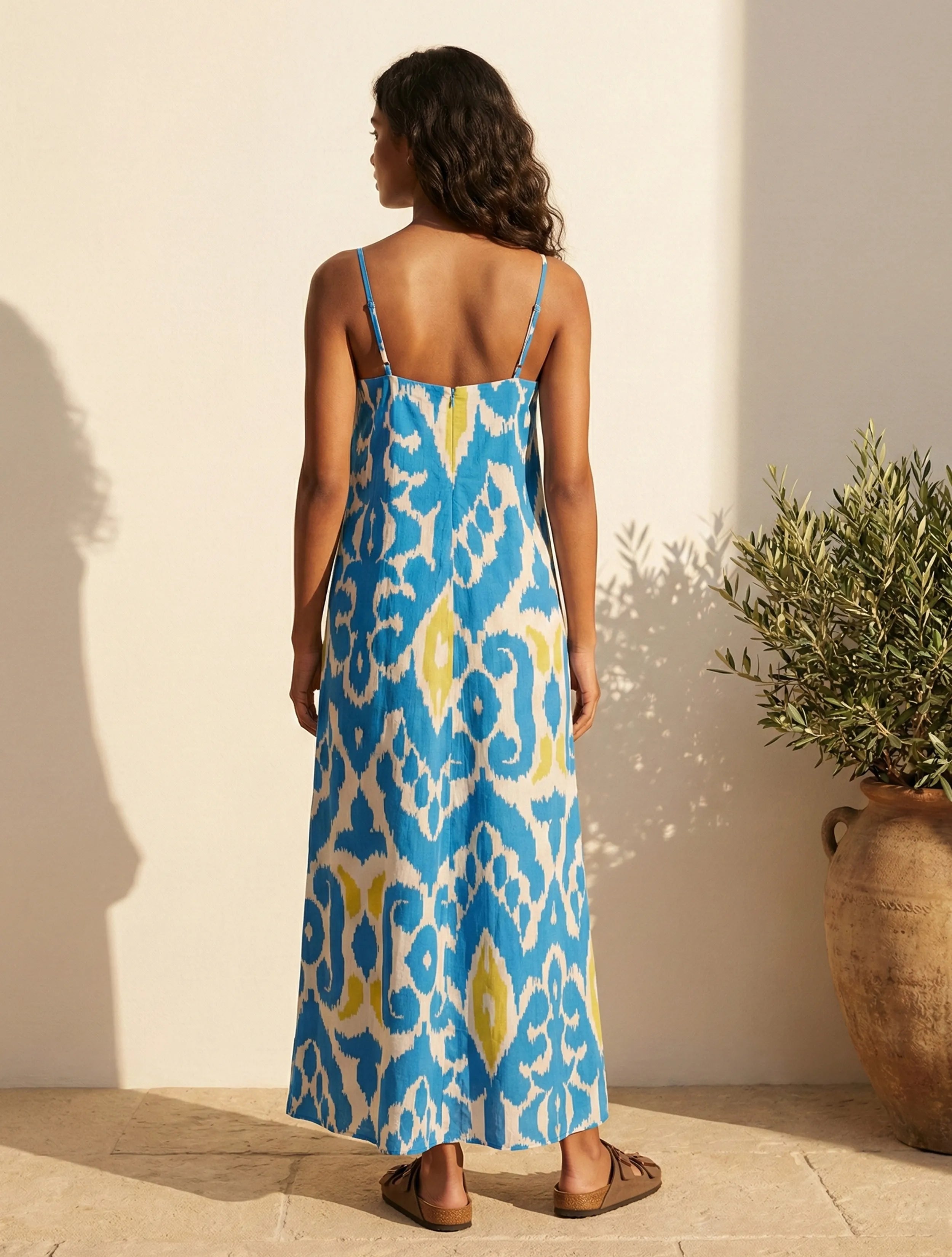 trueBrowns Blue Ikat Print Cotton Mull Strappy Maxi Dress