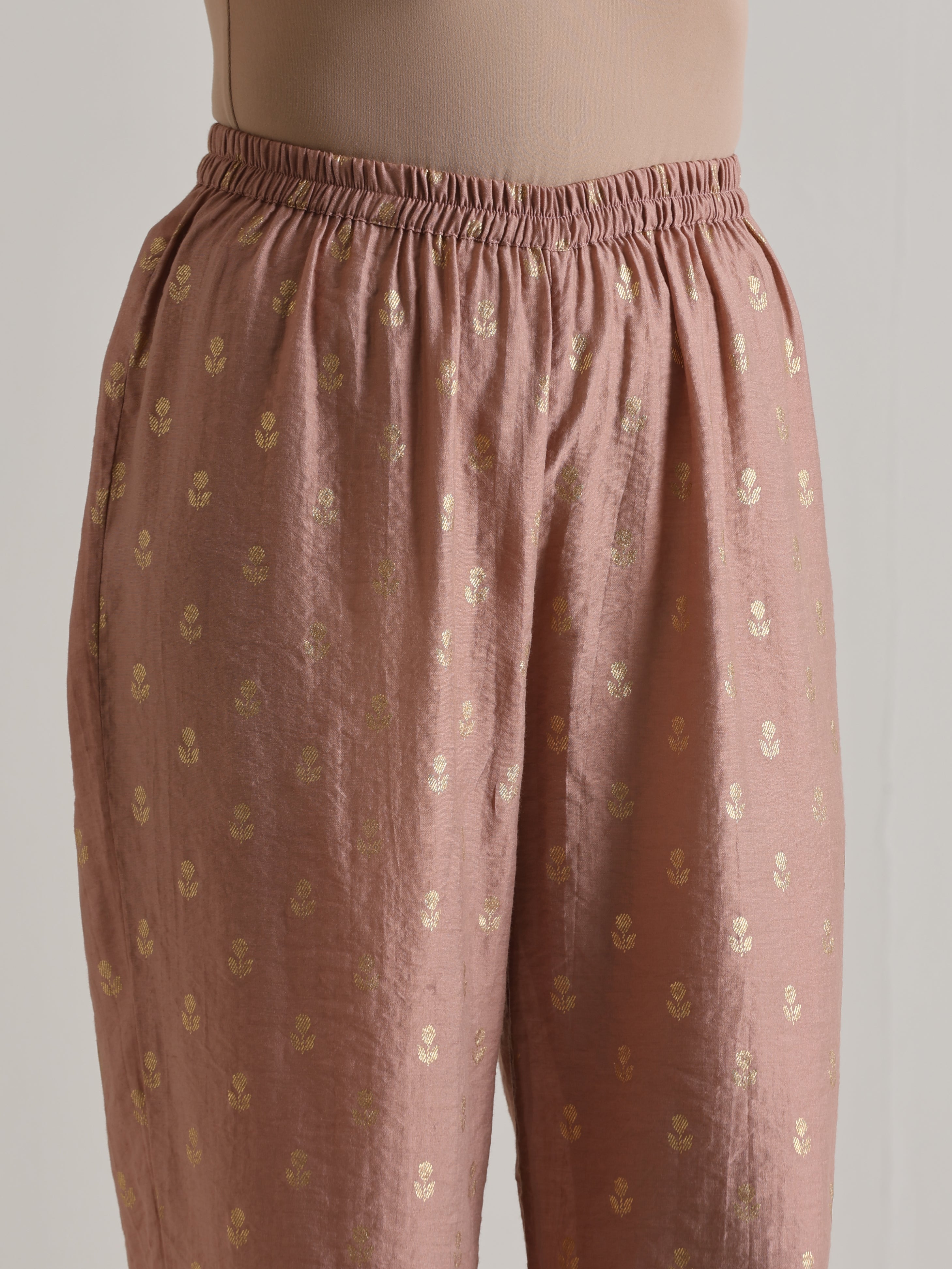 Beige Foil Puff Sleeve Kurta Set