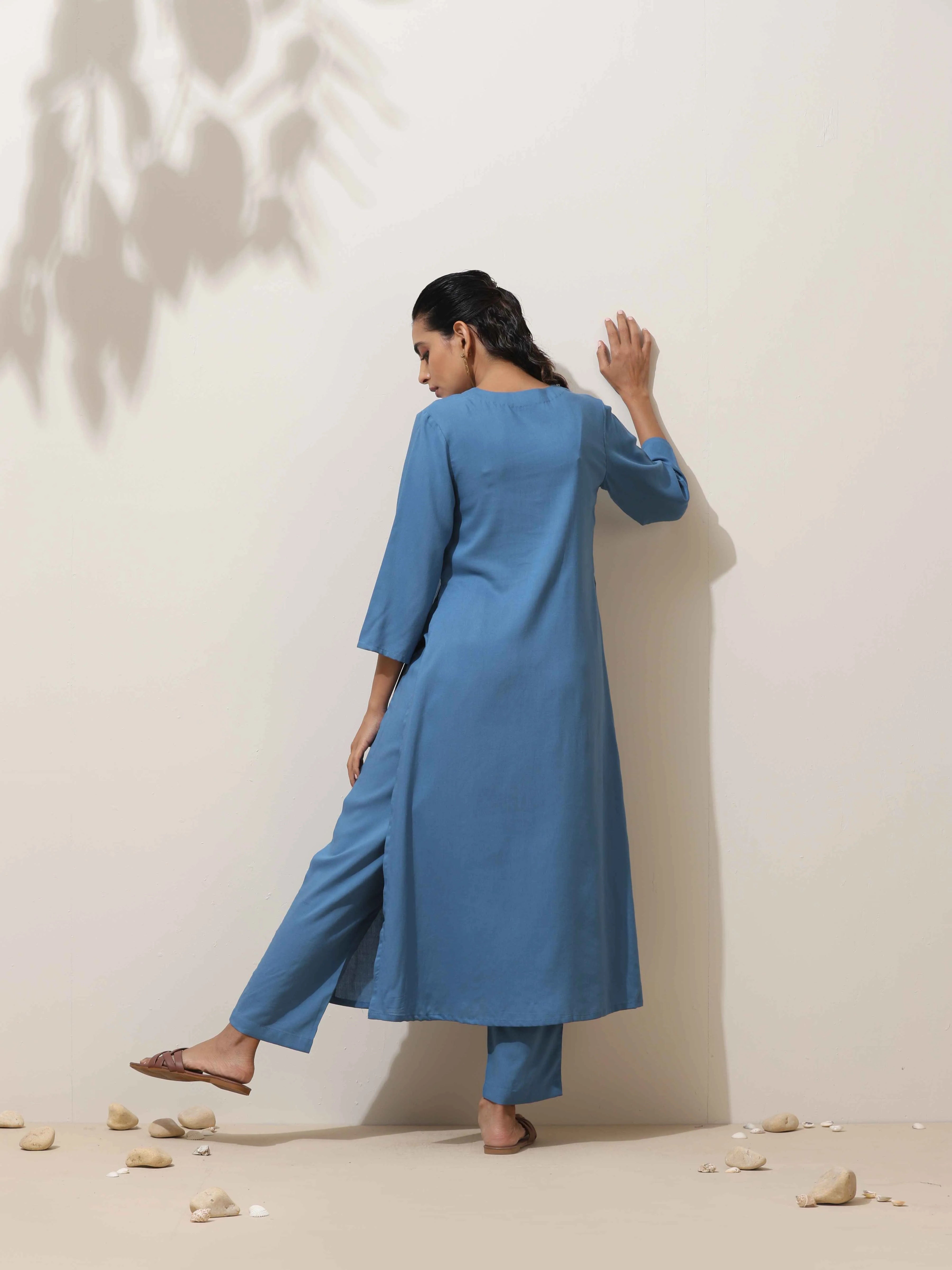 trueBrowns Blue Viscose Kurta Pant Set