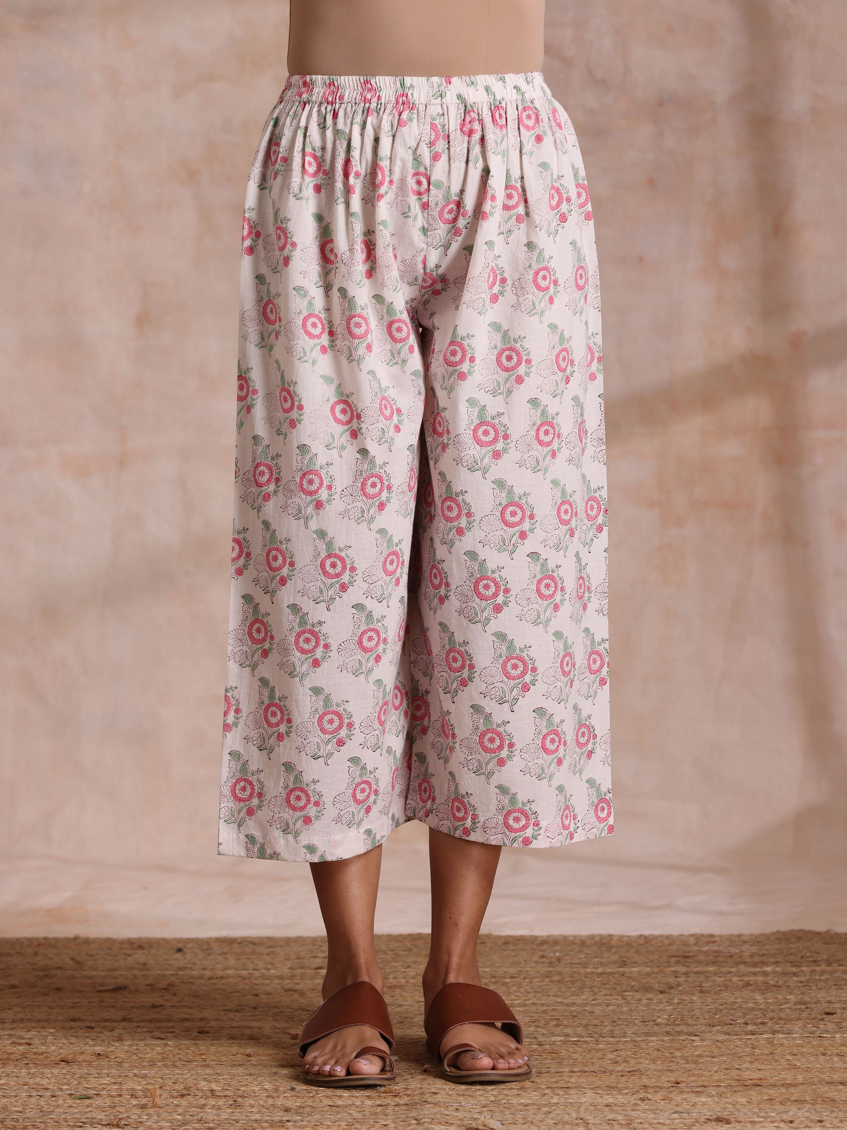 Pink Green Buta On White Block Print Cotton High-Low Co-Ord Set