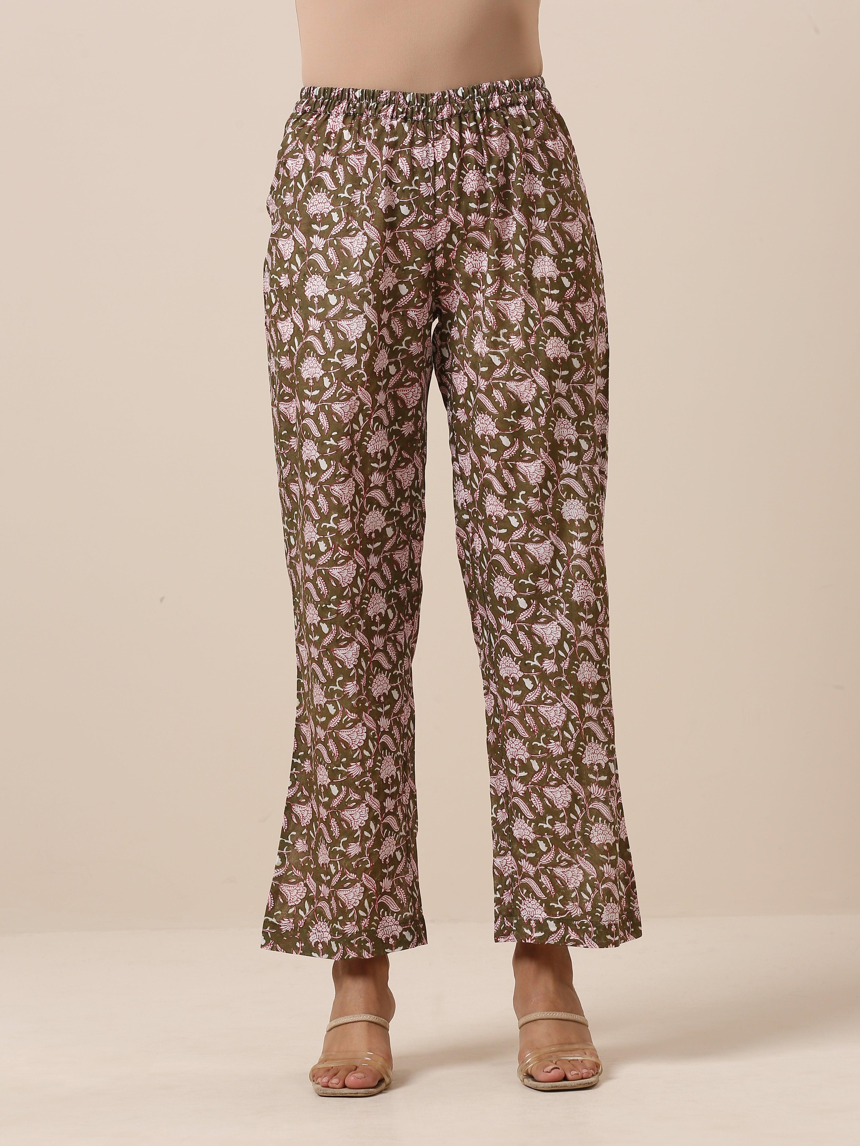 Cotton Hand Block Printed Olive Green Co-Ord Set - trueBrowns