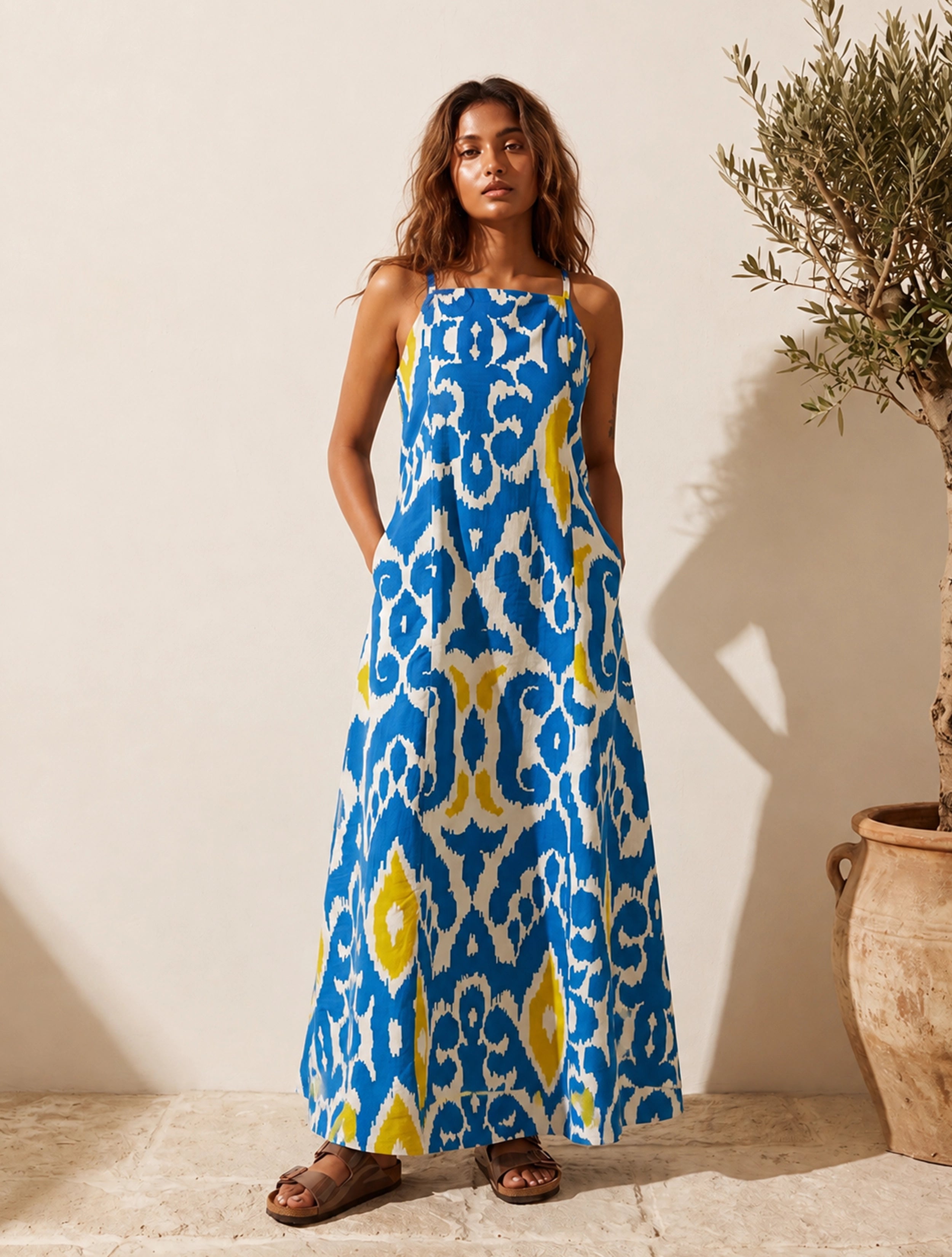 trueBrowns Blue Ikat Print Cotton Strappy Maxi Dress