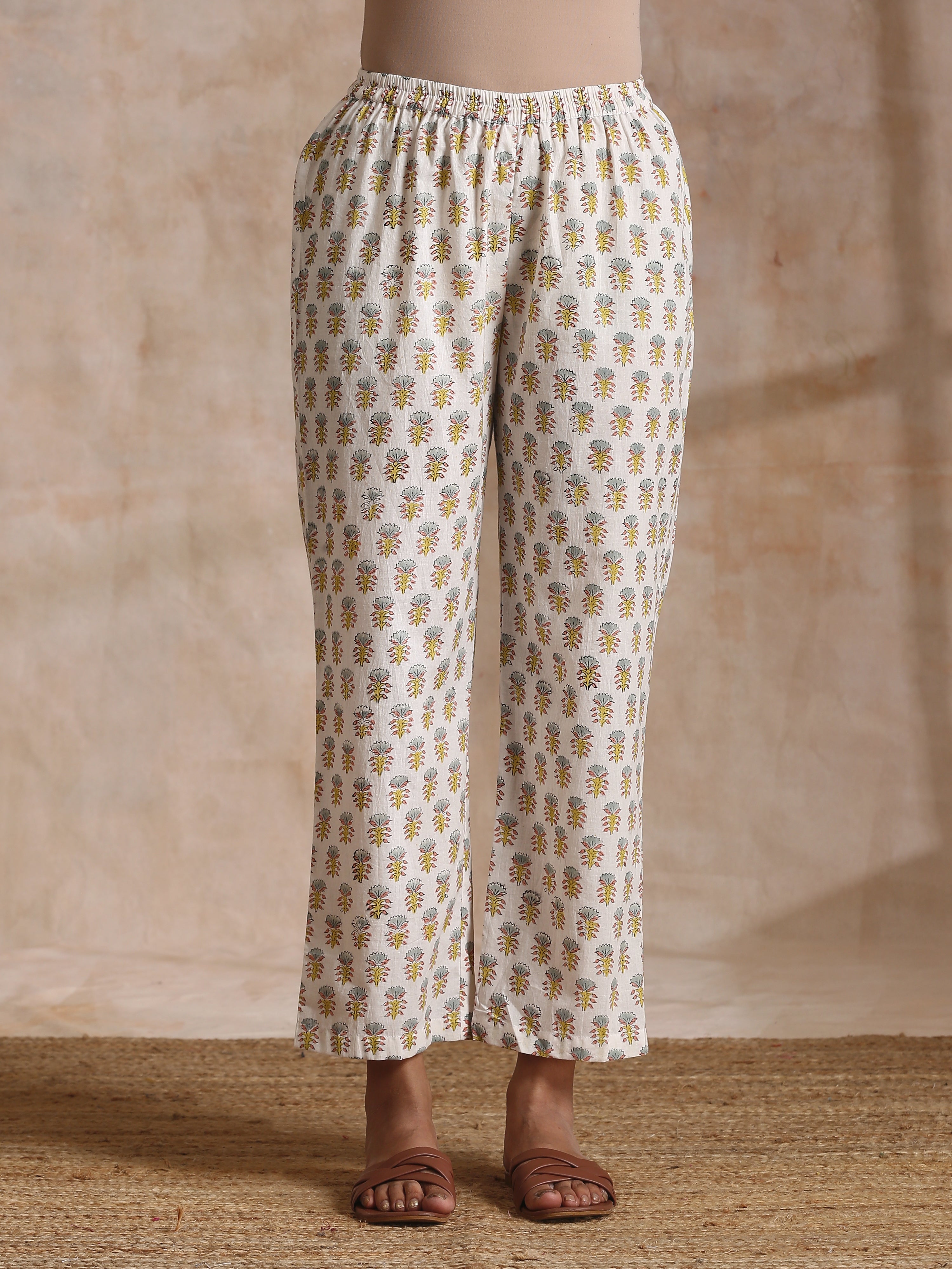 Multi Color Floral Booti Print Cotton Flared Kurta Pant Set