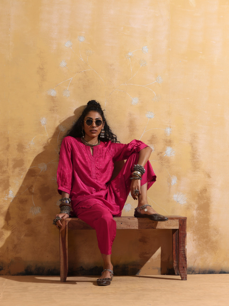 trueBrowns Pink Viscose Silk Kurta Co-ord Set