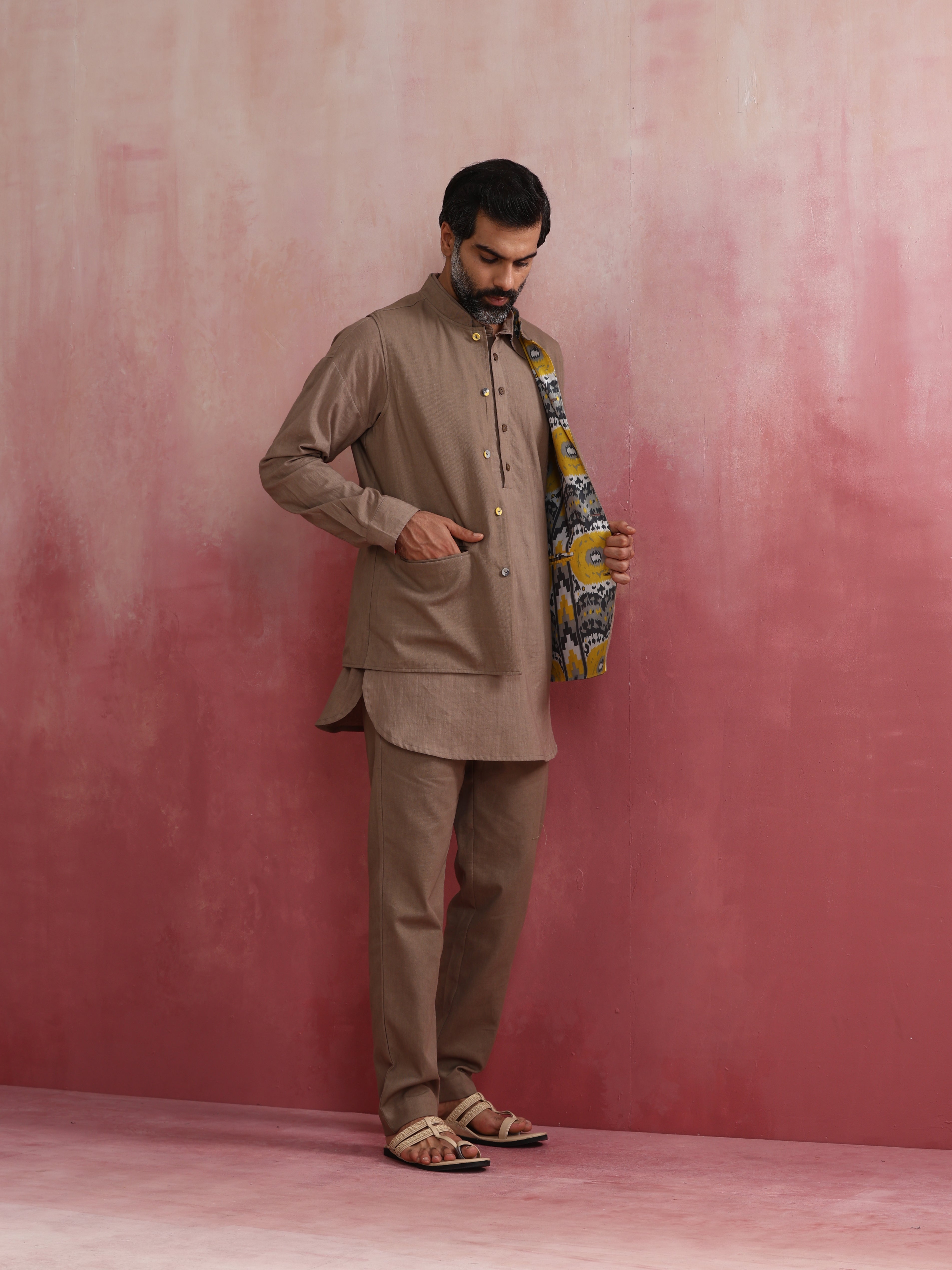 trueBrowns Men's Beige Ikat Reversible Nehru Jacket