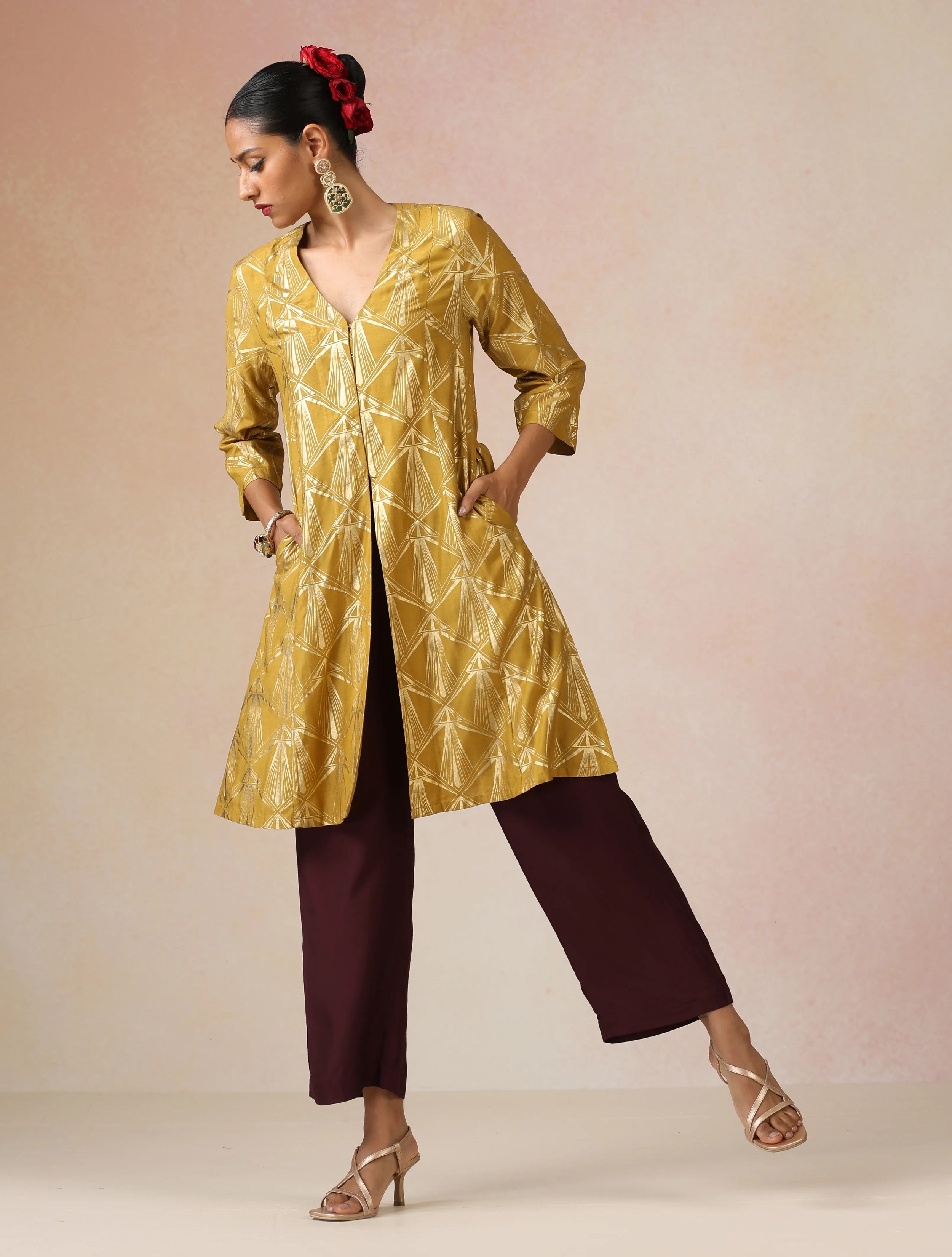 trueBrowns Mustard Gold Foil Print Muslin Silk Fit And Flared Kurta co-ord Set